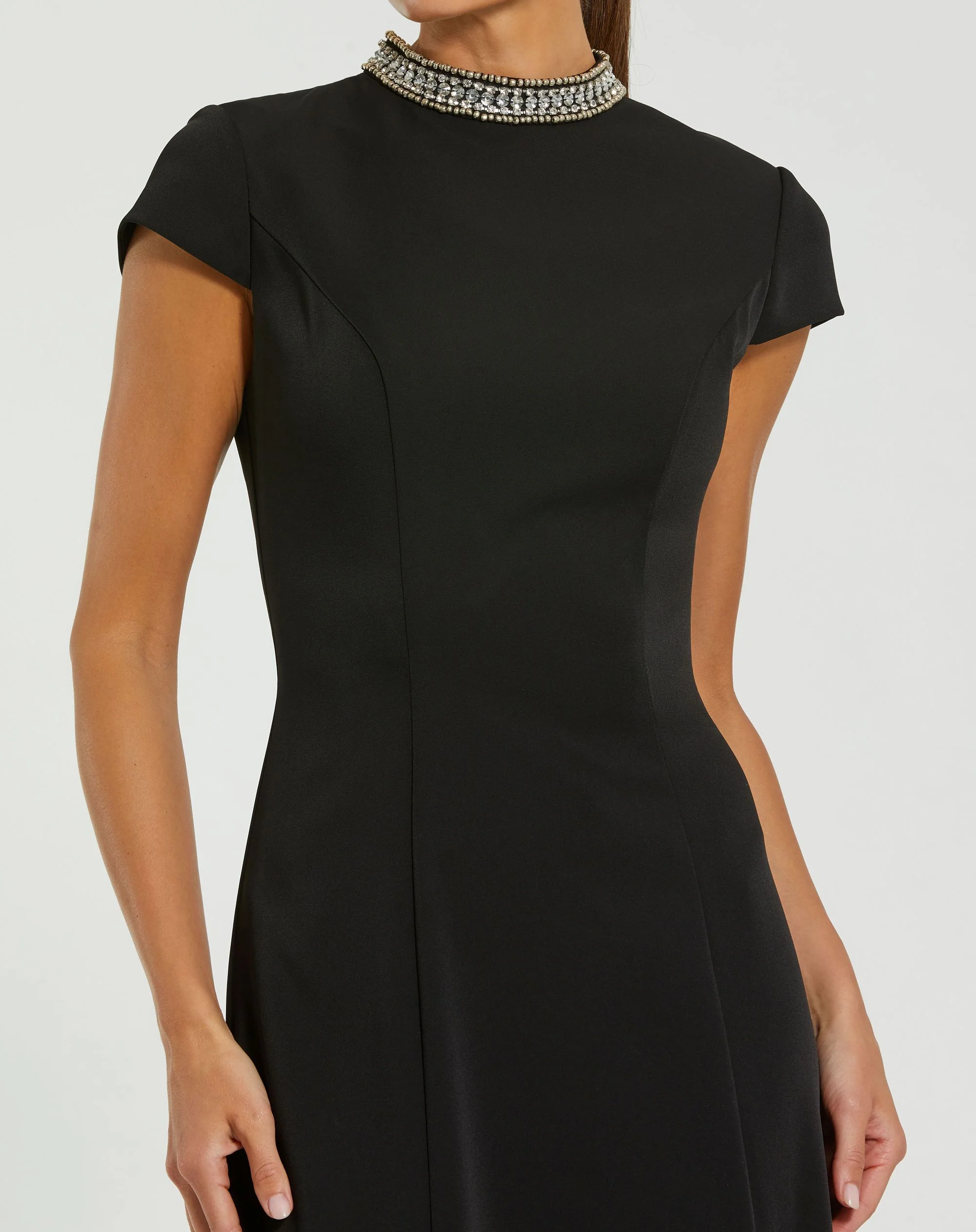 Black Cap Sleeve Gown With Embellished Neckline - Special Events Unlimited