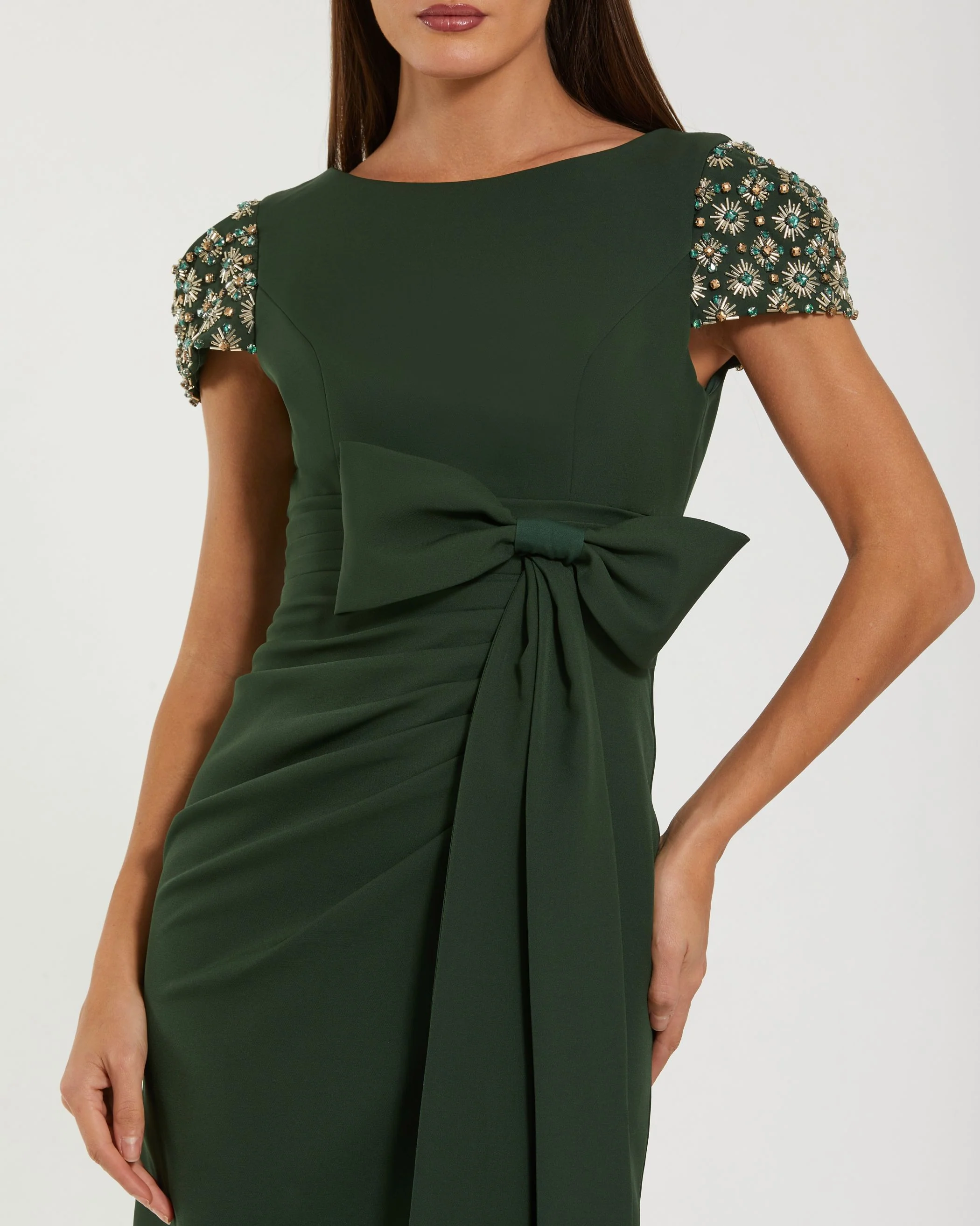 Dark Green Beaded Cap Sleeve Crepe Gown With Bow and Slit - Special Events Unlimited