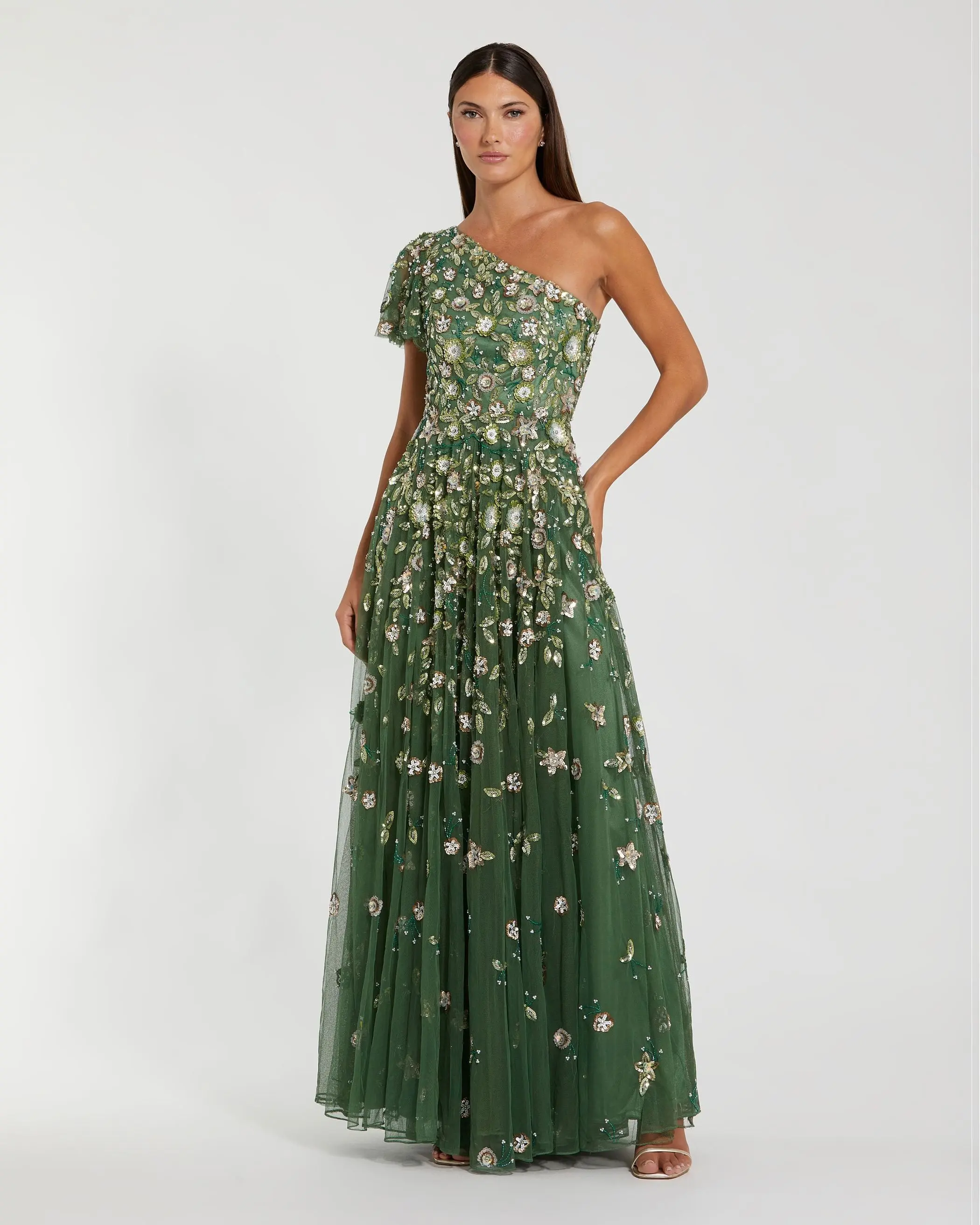 Green One Shoulder Embellished A Line Gown - Special Events Unlimited