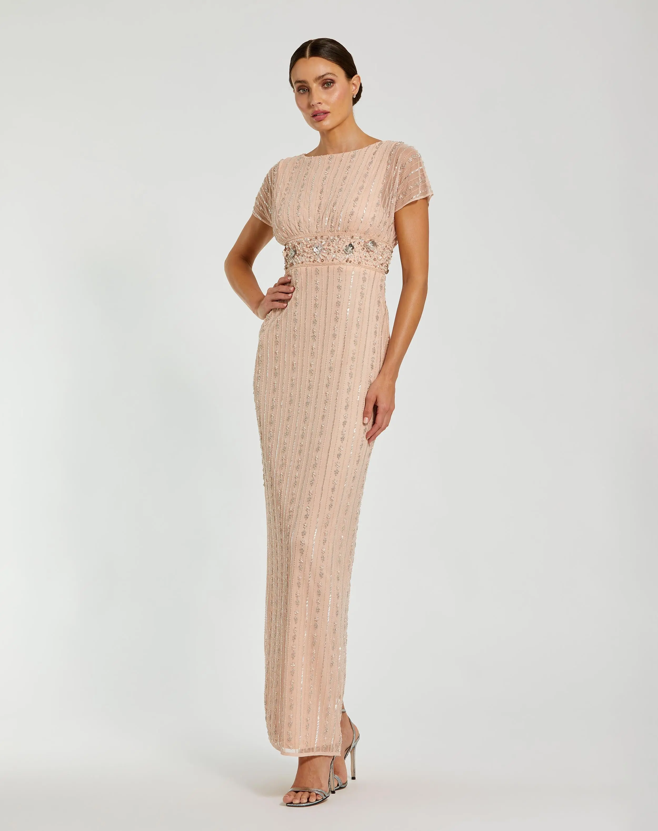 Light Pink Beaded Blouson Column Gown - Special Events Unlimited
