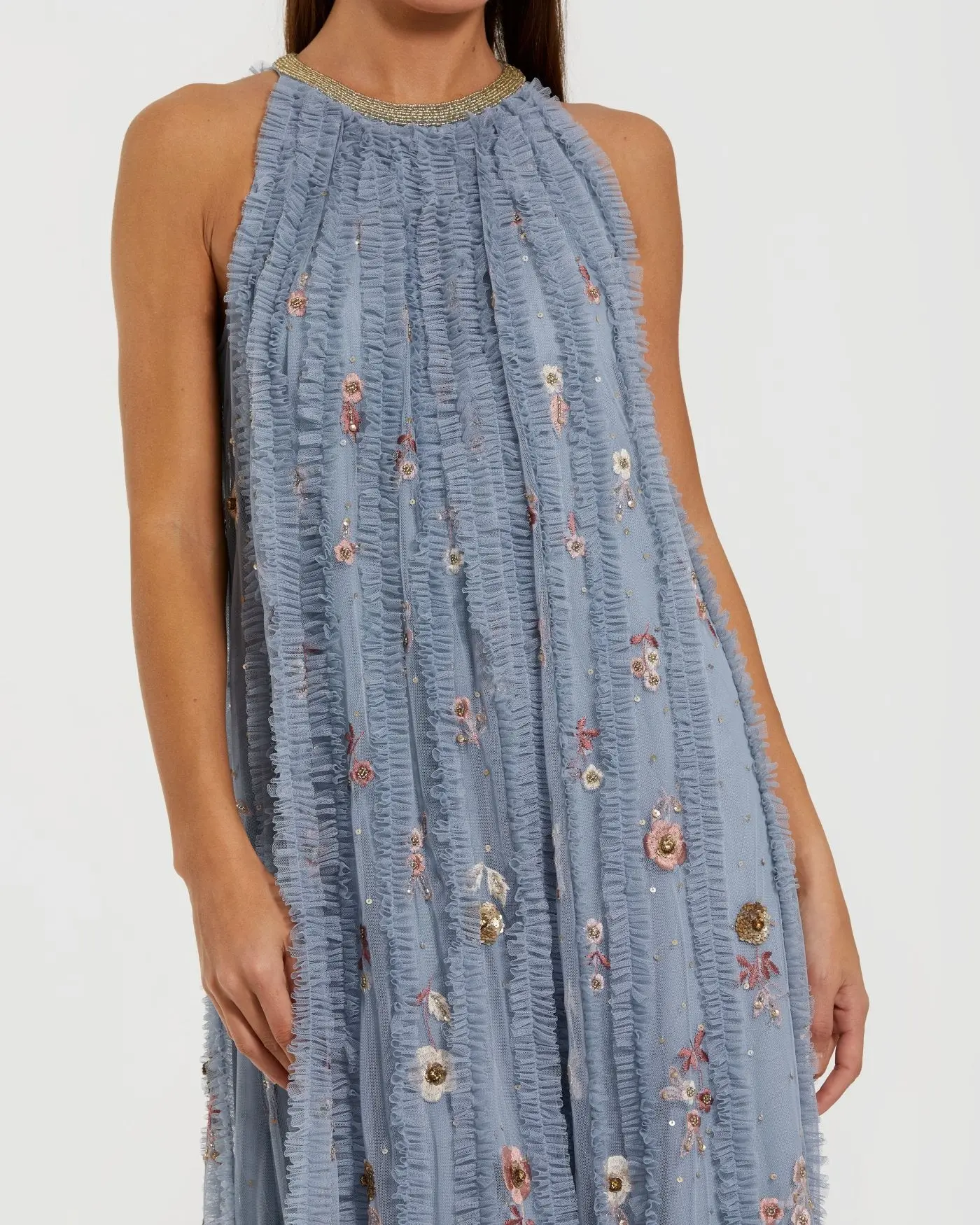 Blue Ruffled Trapeze Gown with Floral Embroidery - Special Events Unlimited
