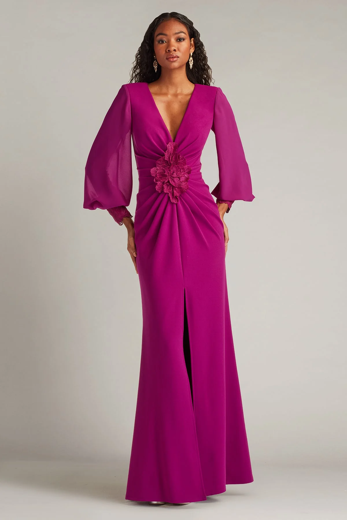 Sahana Bishop Sleeve Plunge Gown - Special Events Unlimited