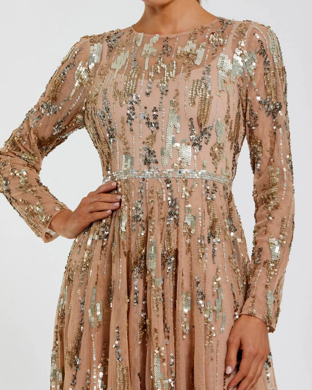 Beige Long Sleeve Sequin Embellished Gown - Special Events Unlimited