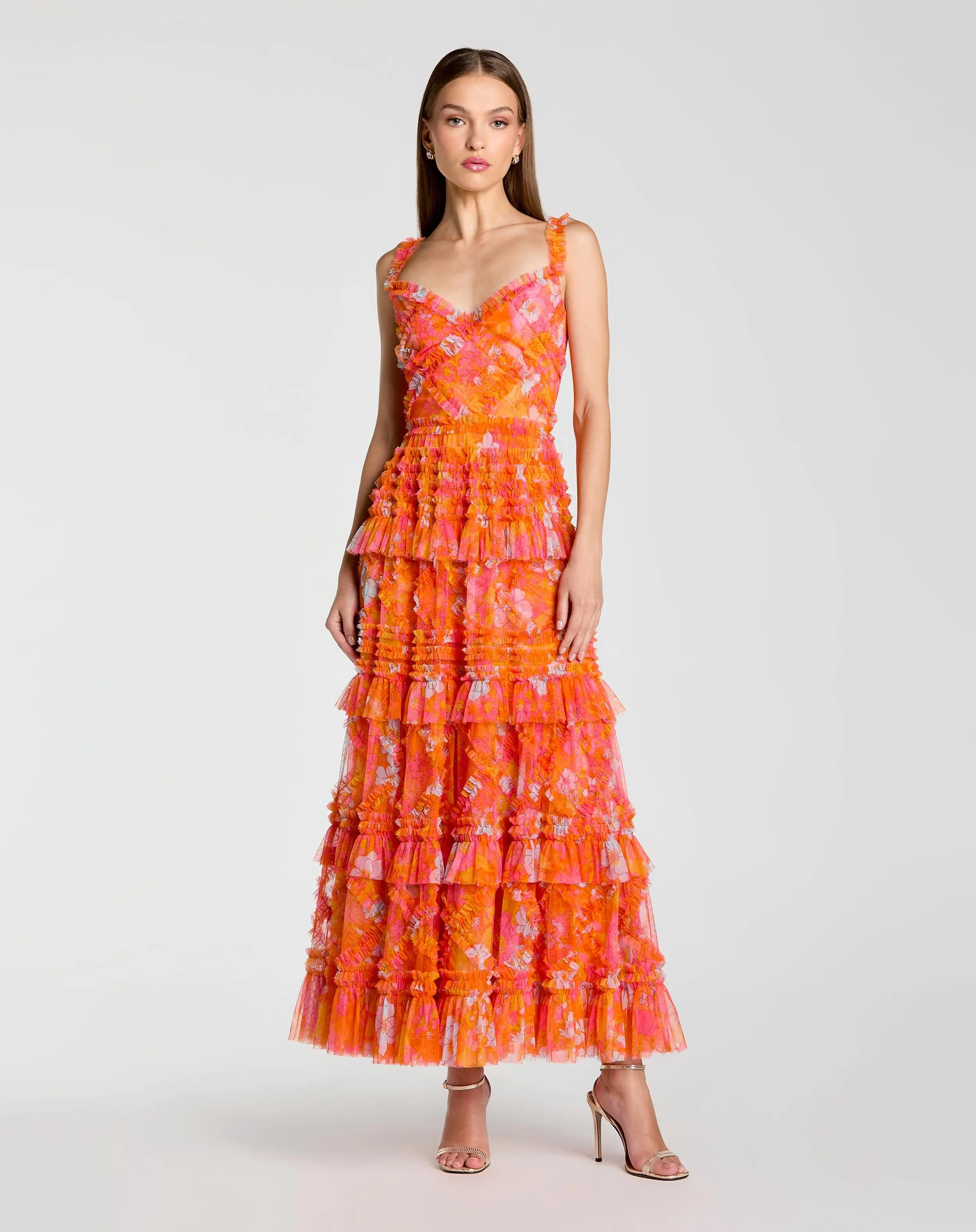 Orange Sleeveless Floral Ruffle A-Line Maxi Dress - Special Events Unlimited