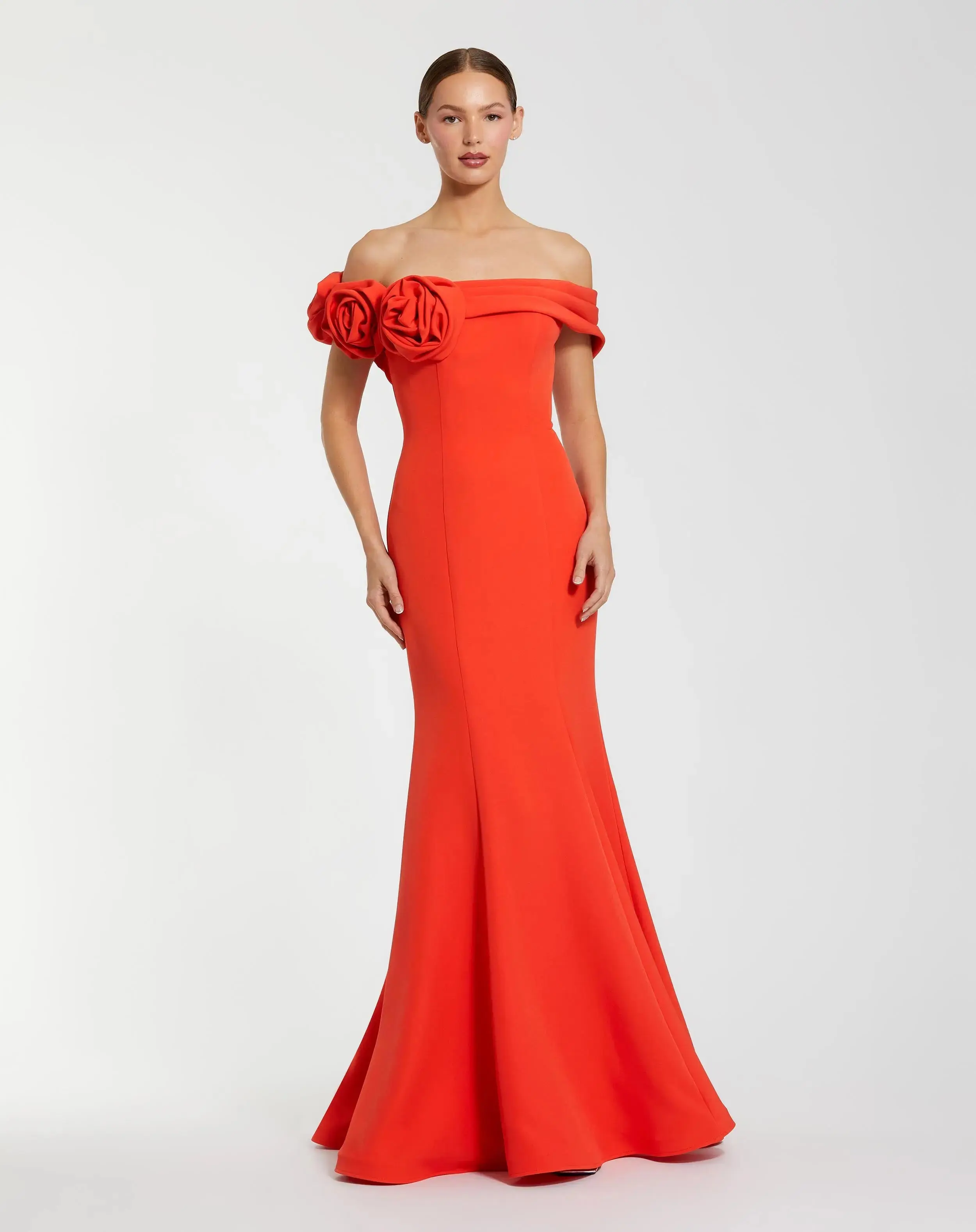 Orange Off The Shoulder Crepe Mermaid Gown - Special Events Unlimited