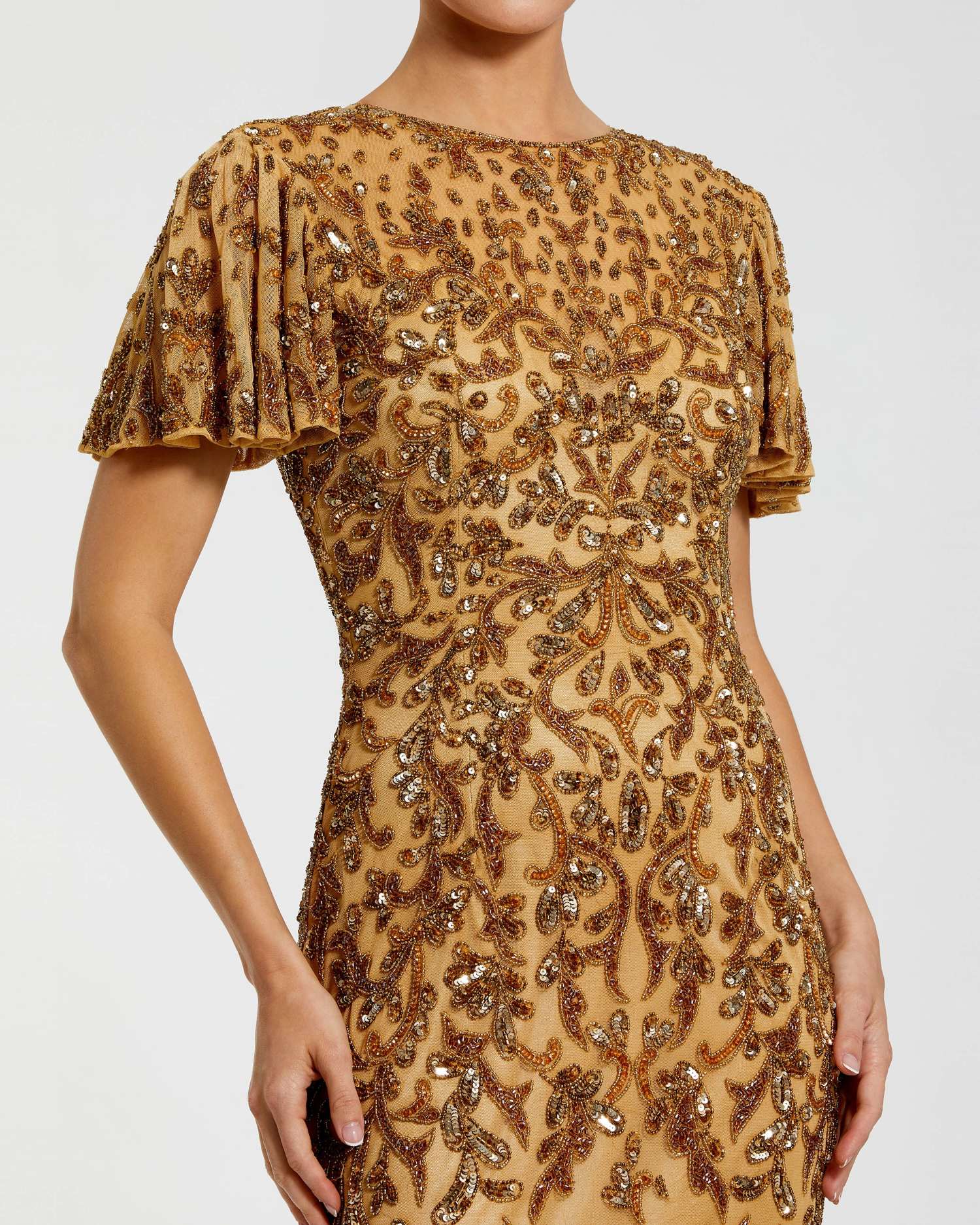 Gold Embellished High Neck Flutter Sleeve Gown - Special Events Unlimited