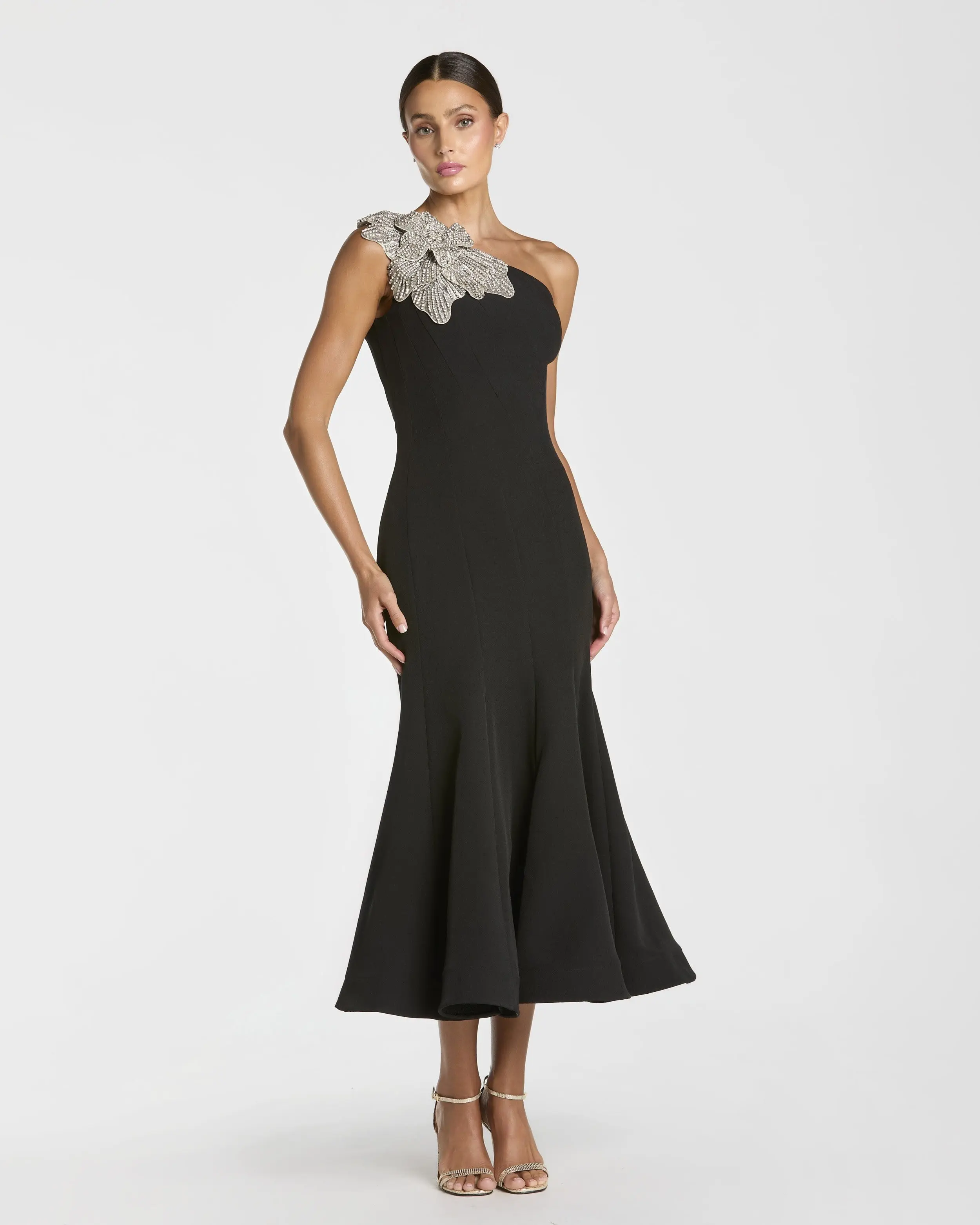 Black Crepe One Shoulder Midi Dress With Flower - Special Events Unlimited