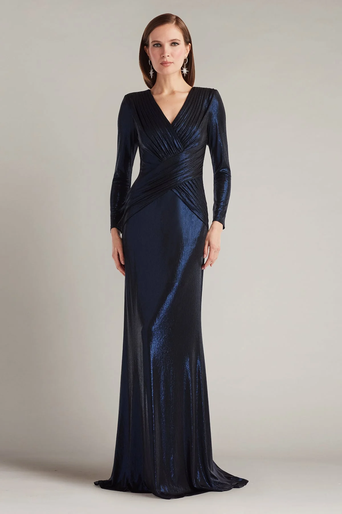 Esau Metallic Crisscross Draped Gown - Special Events Unlimited