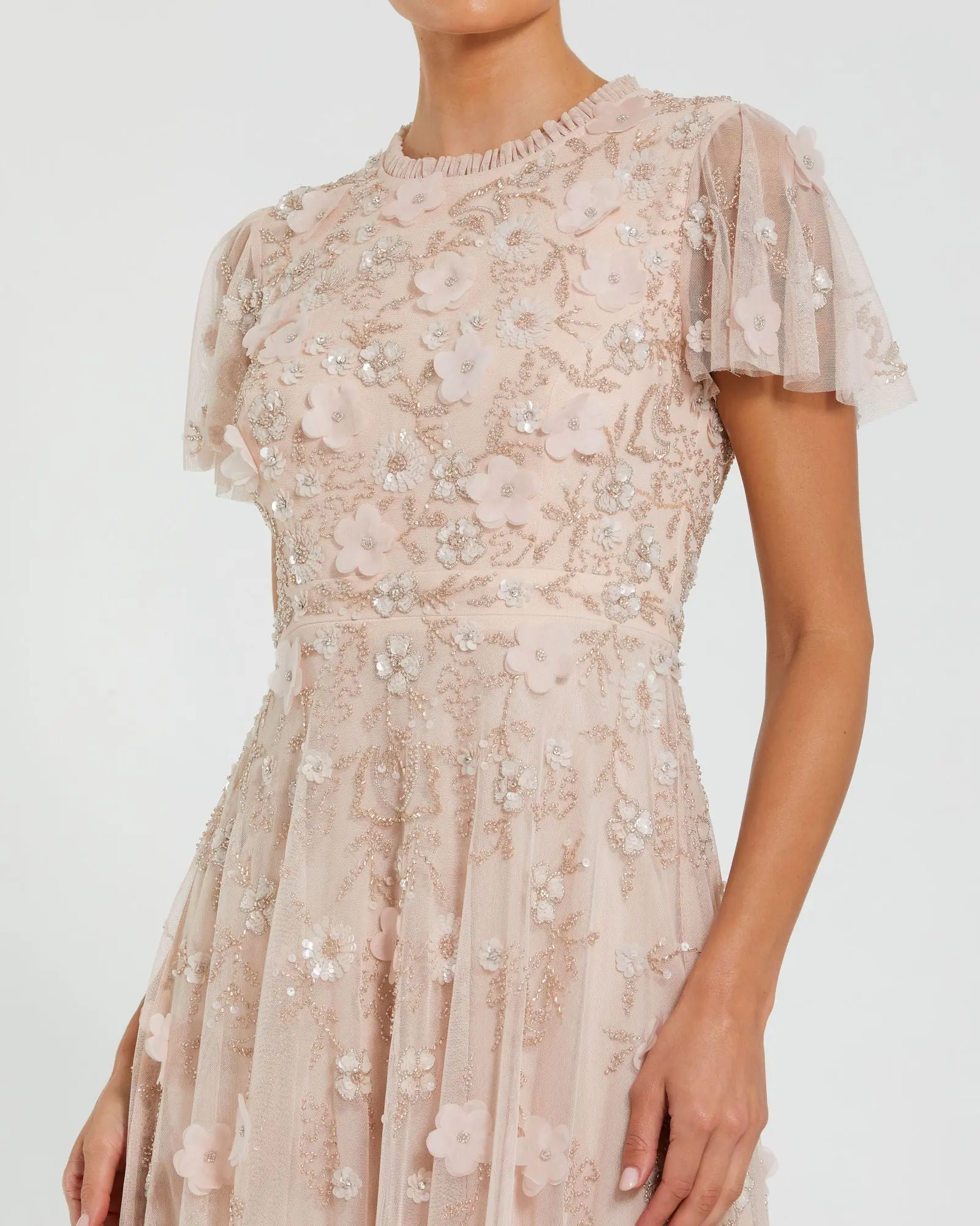 Light Pink Embellished High Neck Flutter Sleeve A Line Dress - Special Events Unlimited