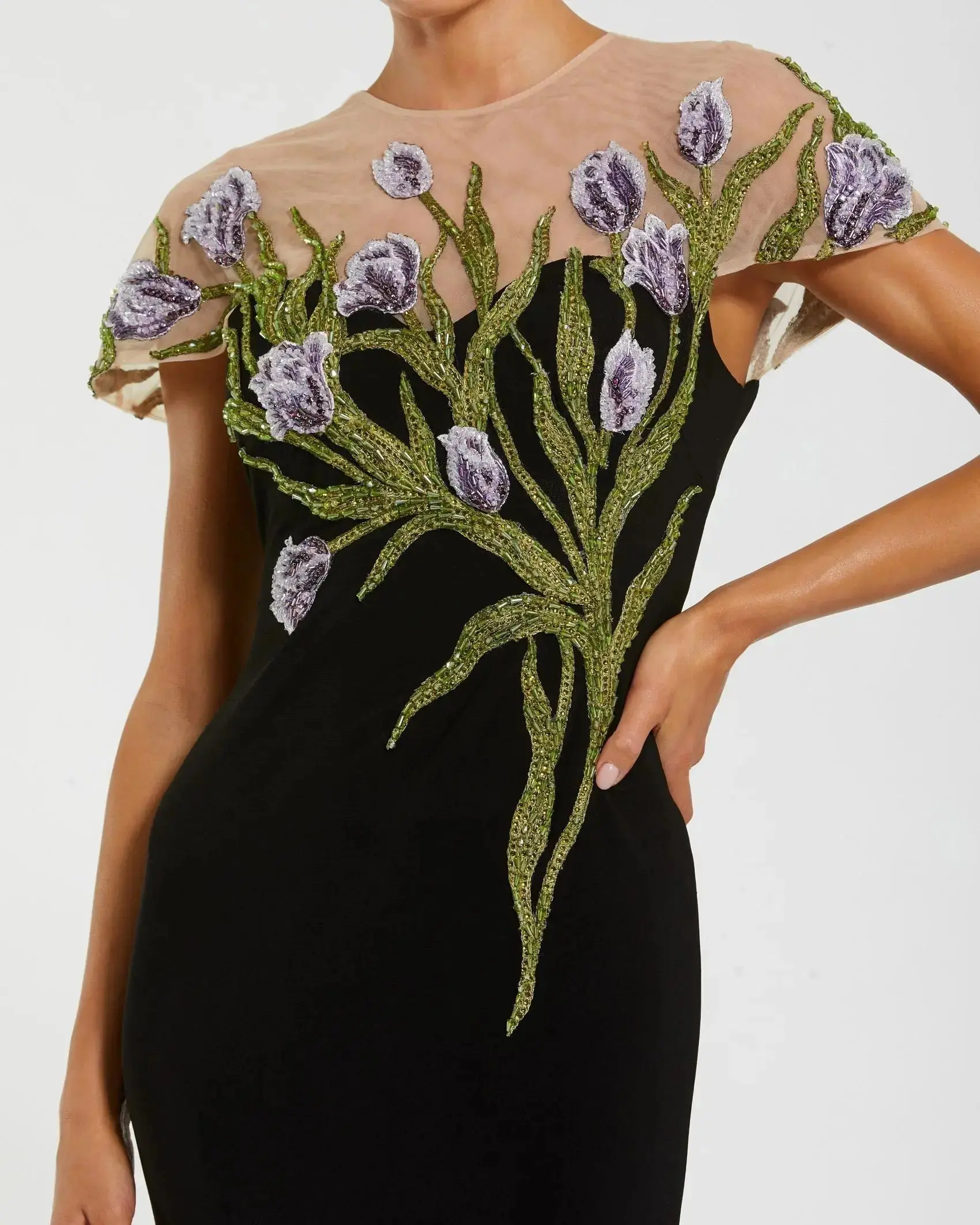Petite Black High Neck Floral Embroidered Jersey Gown - Special Events Unlimited