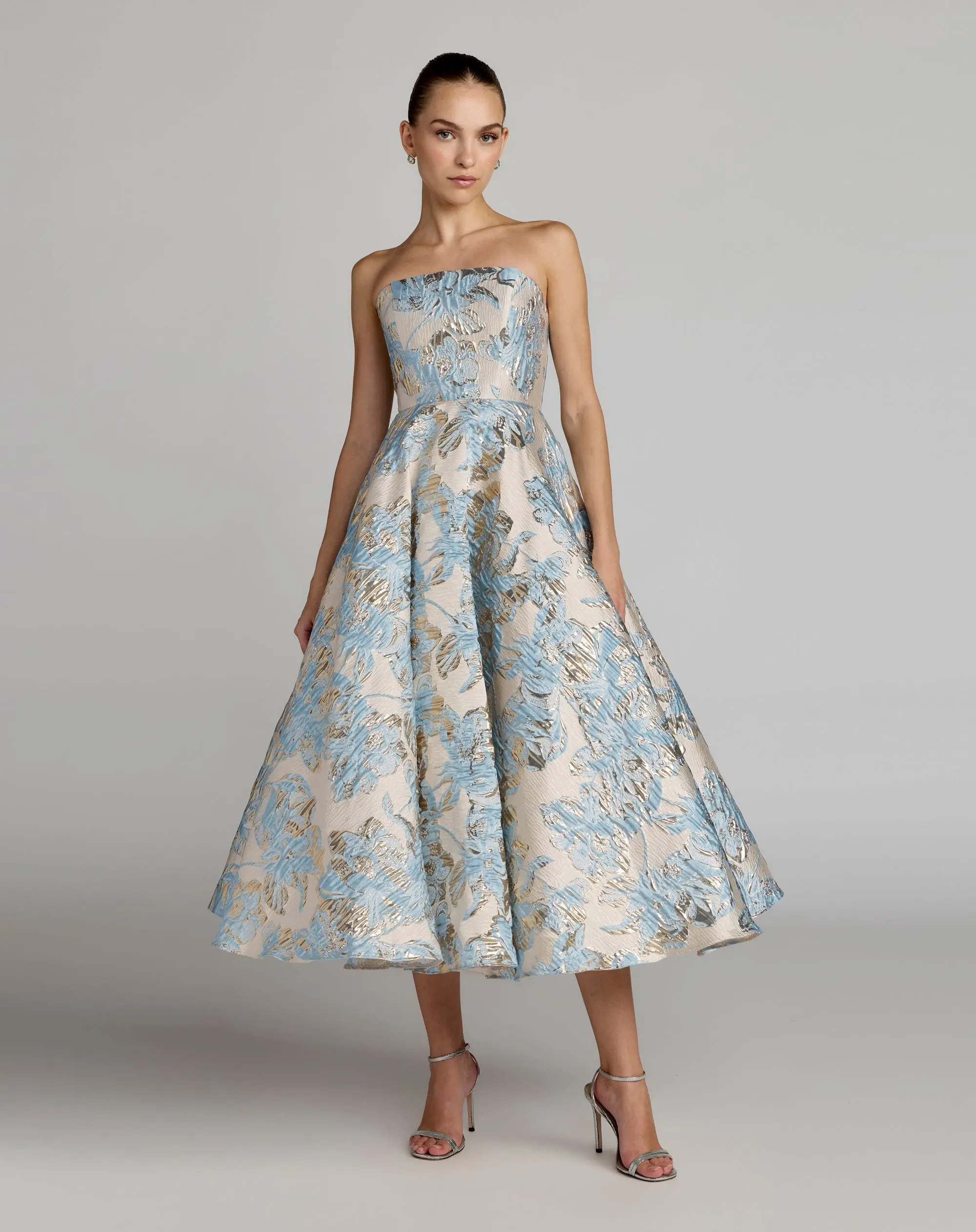 Blue Strapless Brocade A-Line Midi Dress With Pockets - Special Events Unlimited