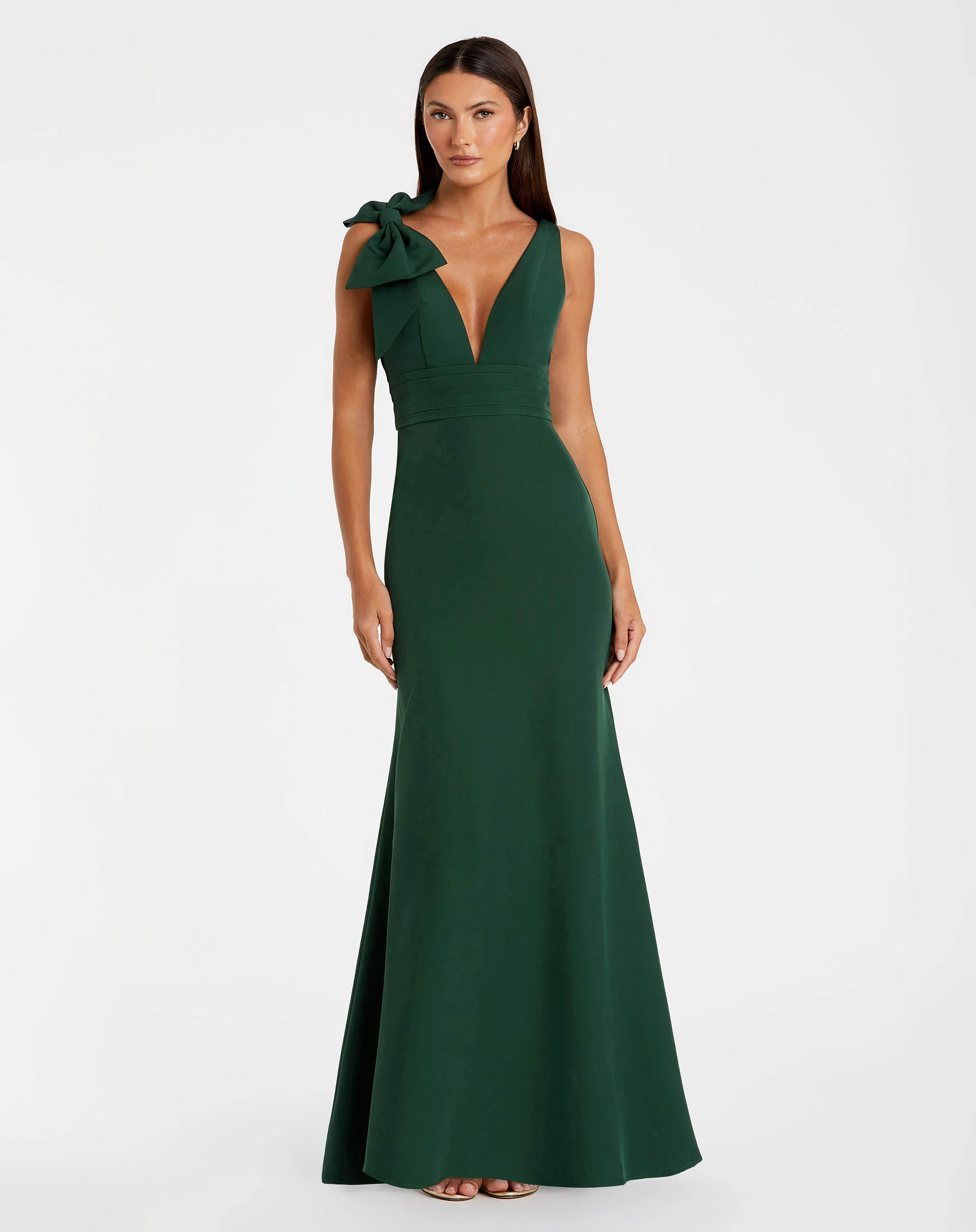 Petite Green Sleeveless V Neck Bow Detail Mermaid Gown - Special Events Unlimited