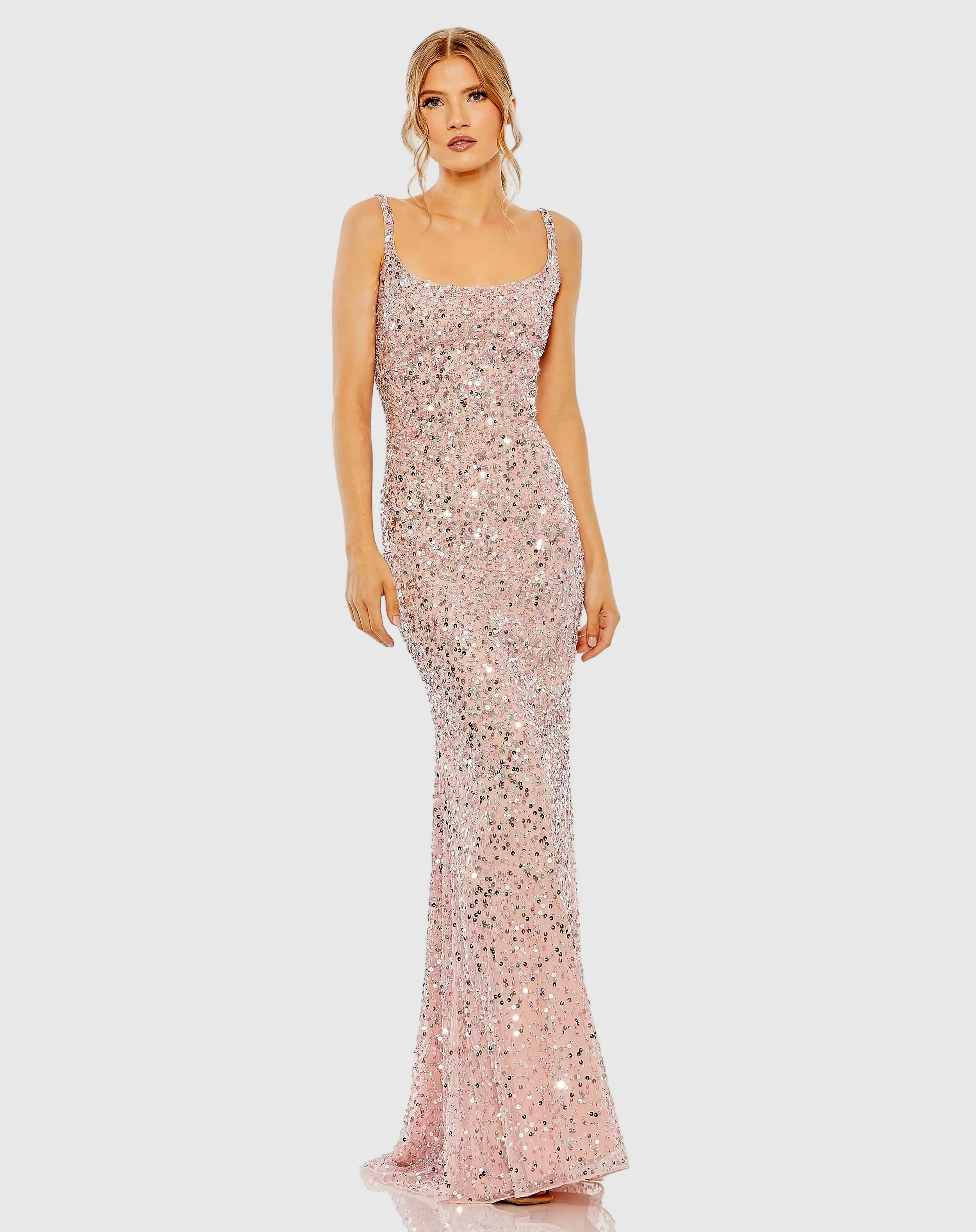 Petite Pink Sequined Low Back Slip Gown - Special Events Unlimited