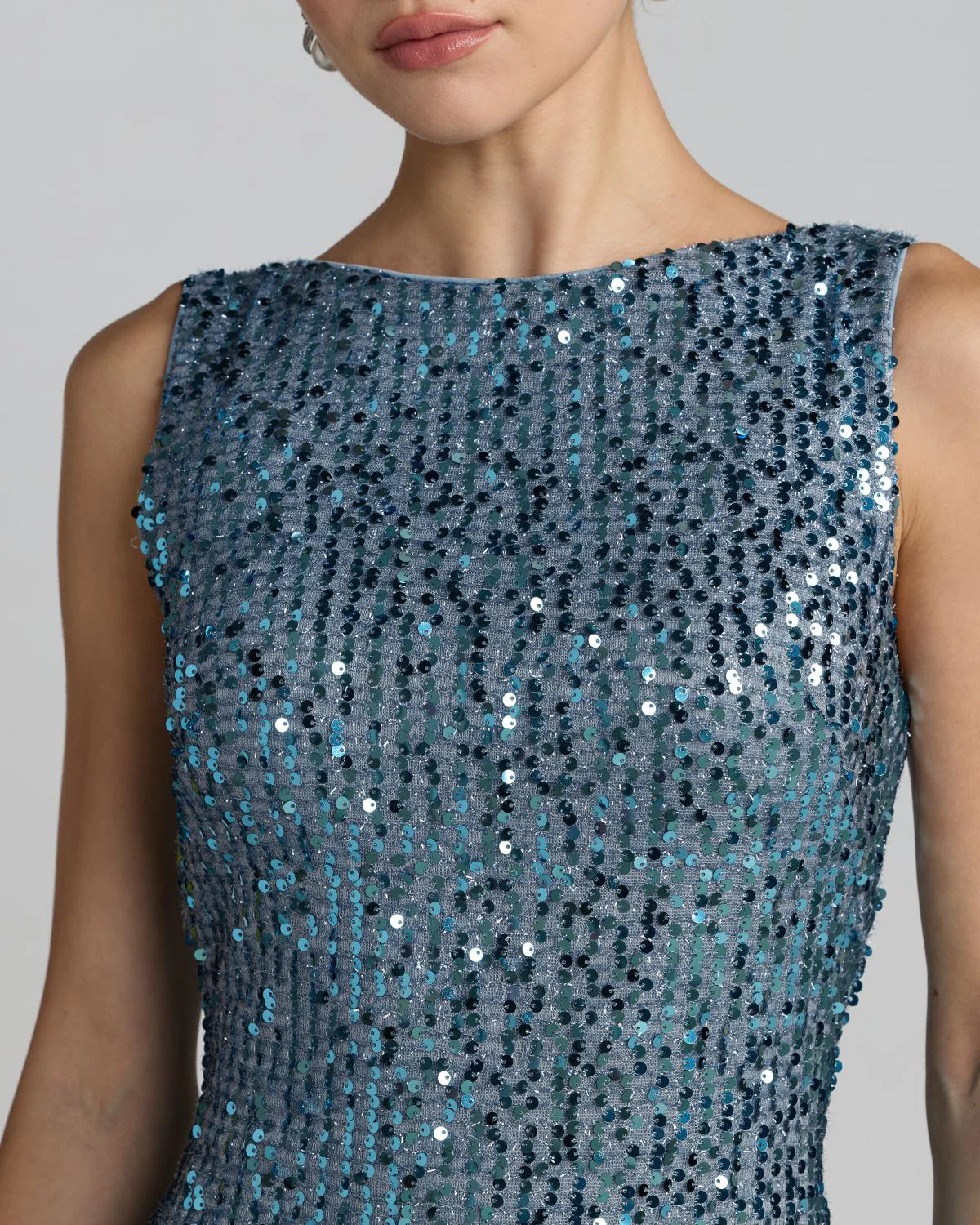 Petite Blue Cowl Back Boat Neck Sequined Evening Gown - Special Events Unlimited