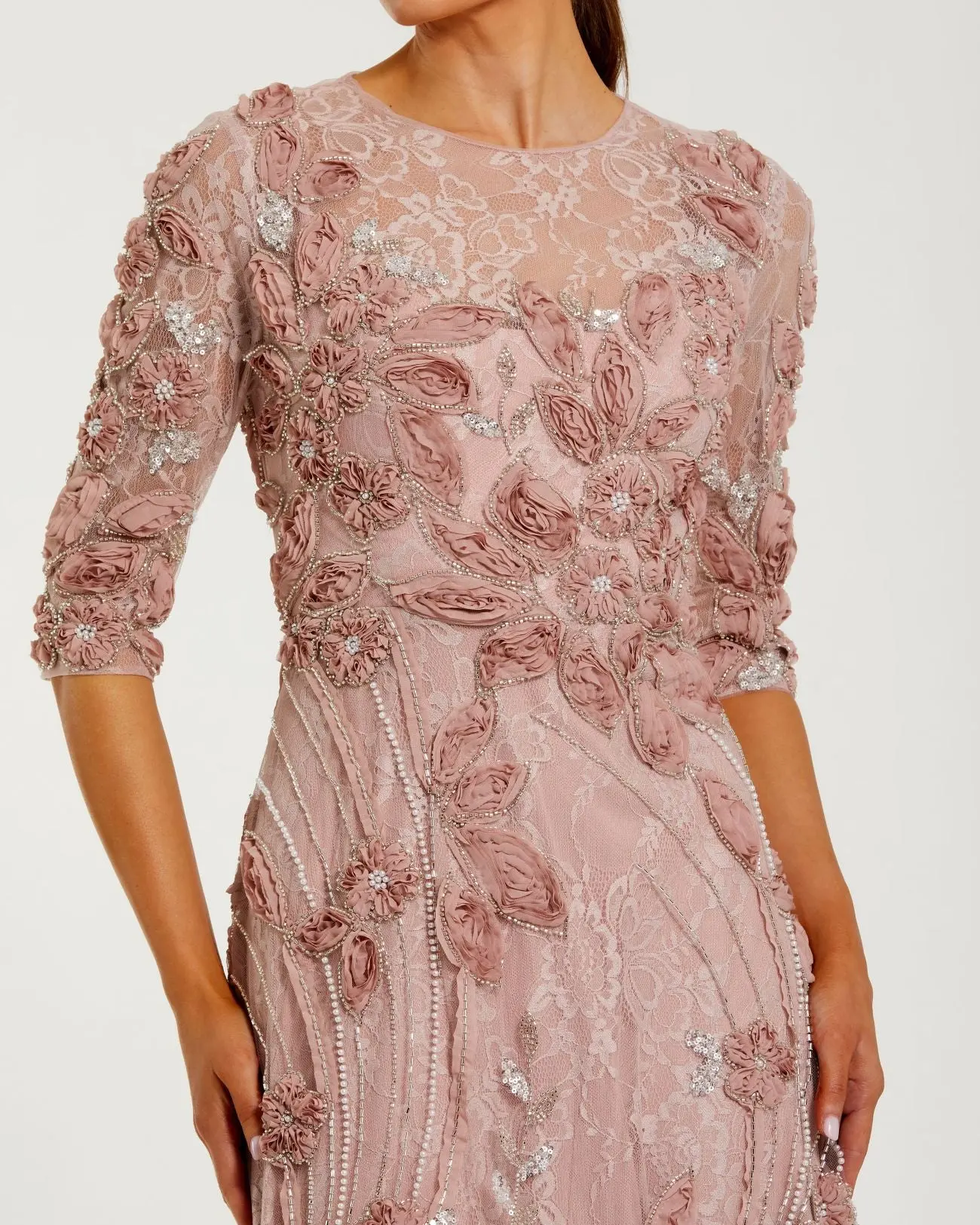 Pink High Neck Embellished Lace Gown with 3/4 Sleeves - Special Events Unlimited