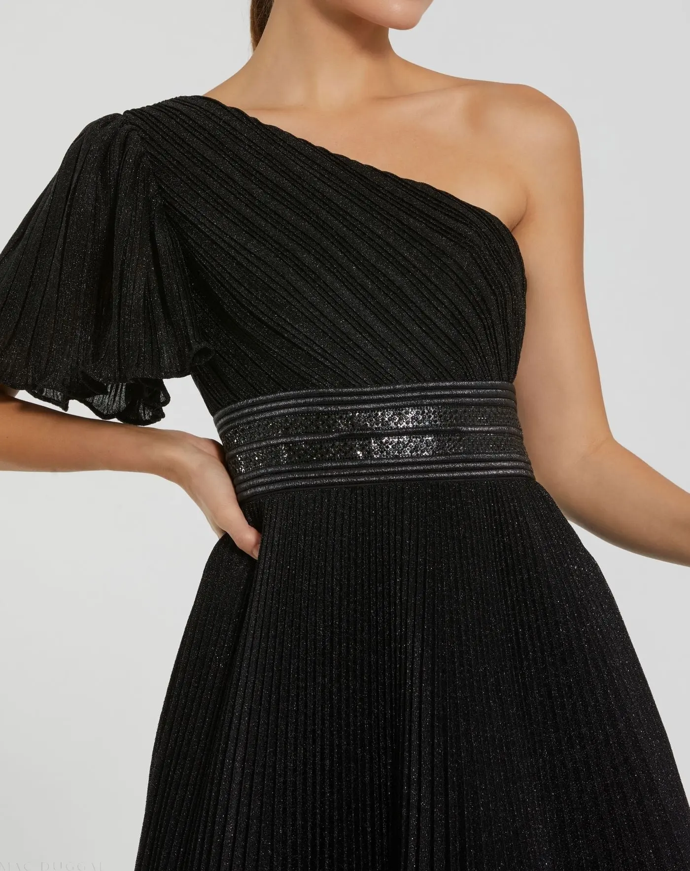Black Pleated Shimmering One Shoulder Gown - Special Events Unlimited