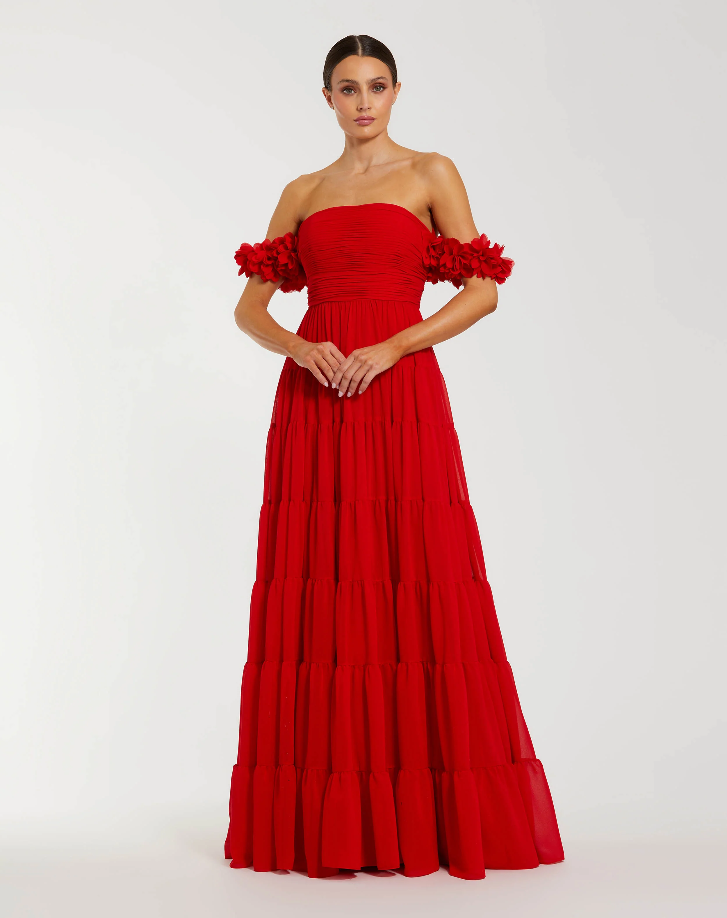 Red Off The Shoulder Tiered Gown With 3D Flowers - Special Events Unlimited