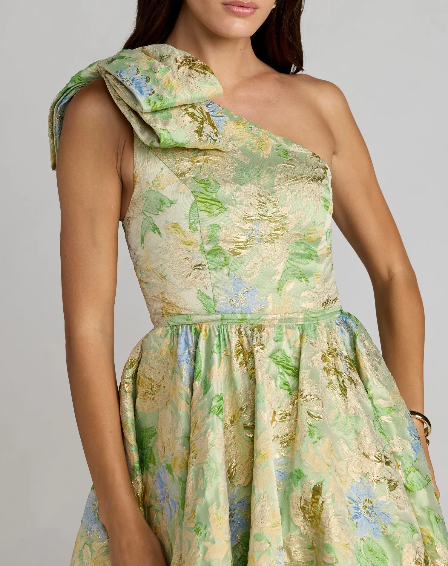 Green One Shoulder Brocade Midi Dress With Bow Detail - Special Events Unlimited