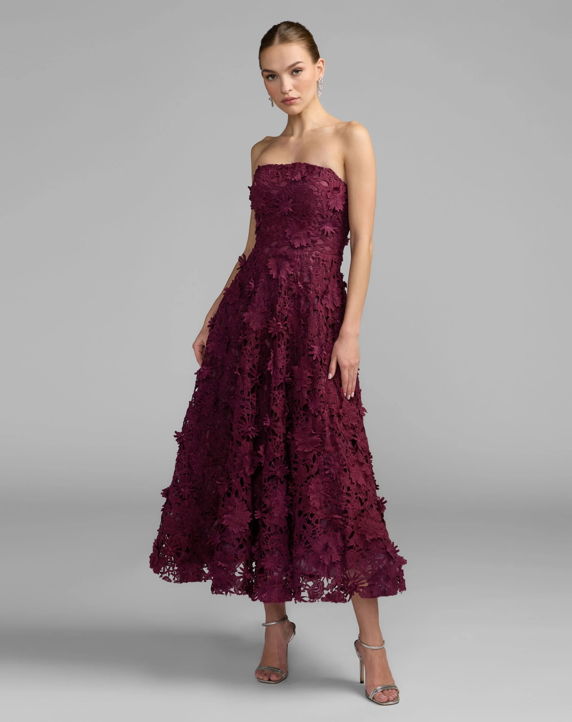 Deep Purple Strapless Floral Embroidered Lace A-Line Dress - Special Events Unlimited