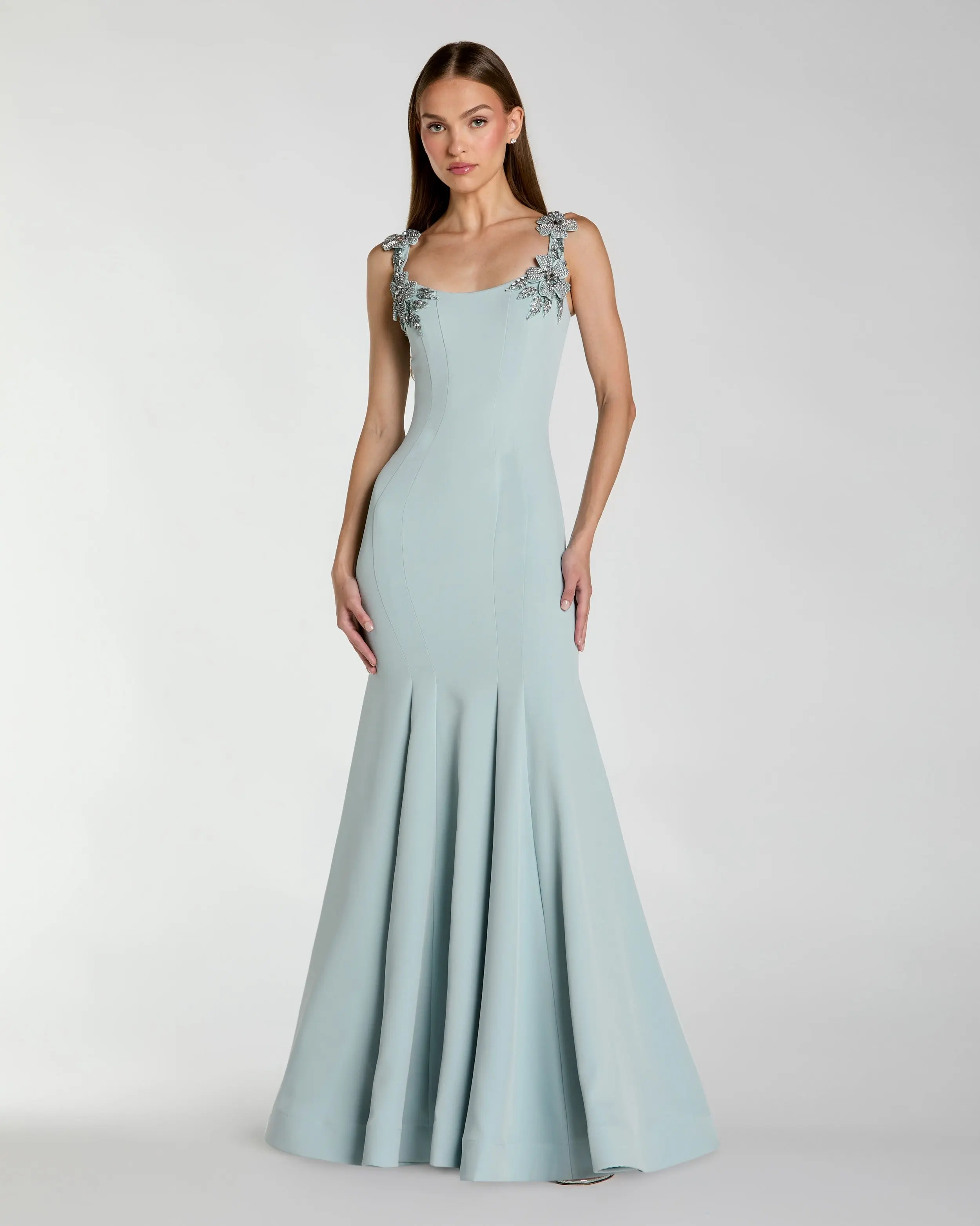 Light Blue Scoop Neck Mermaid Gown with Rhinestone Straps - Special Events Unlimited