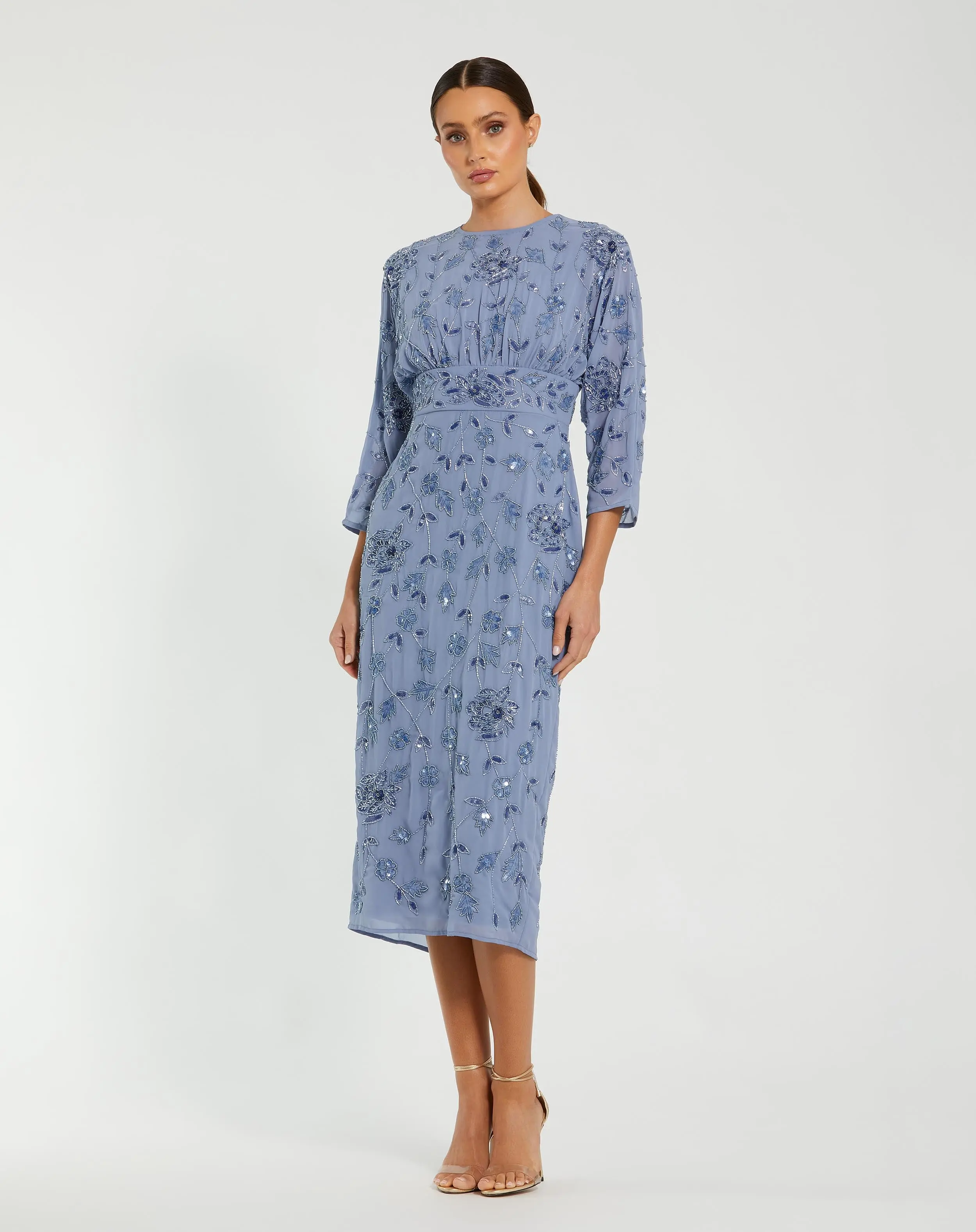 Blue Floral Embellished Midi Dress with 3/4 Sleeves - Special Events Unlimited