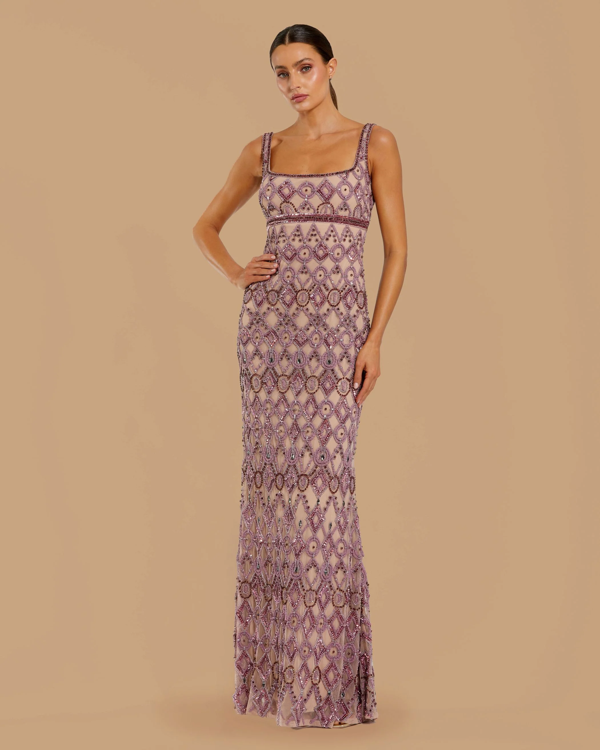 Pink Beaded Art Deco Column Gown - Special Events Unlimited