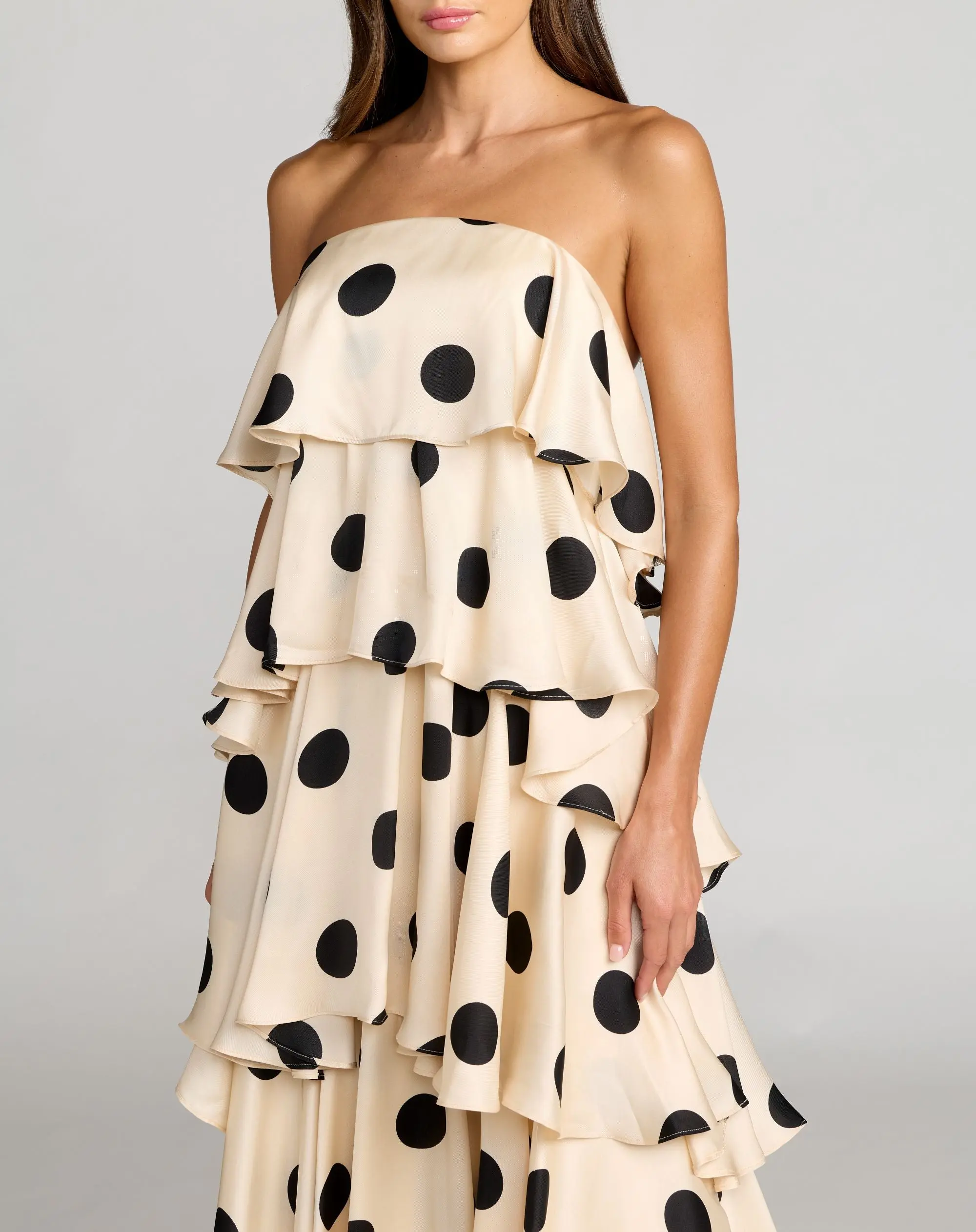 Beige Strapless Polka Dot Charmeuse Ruffle Gown - Special Events Unlimited