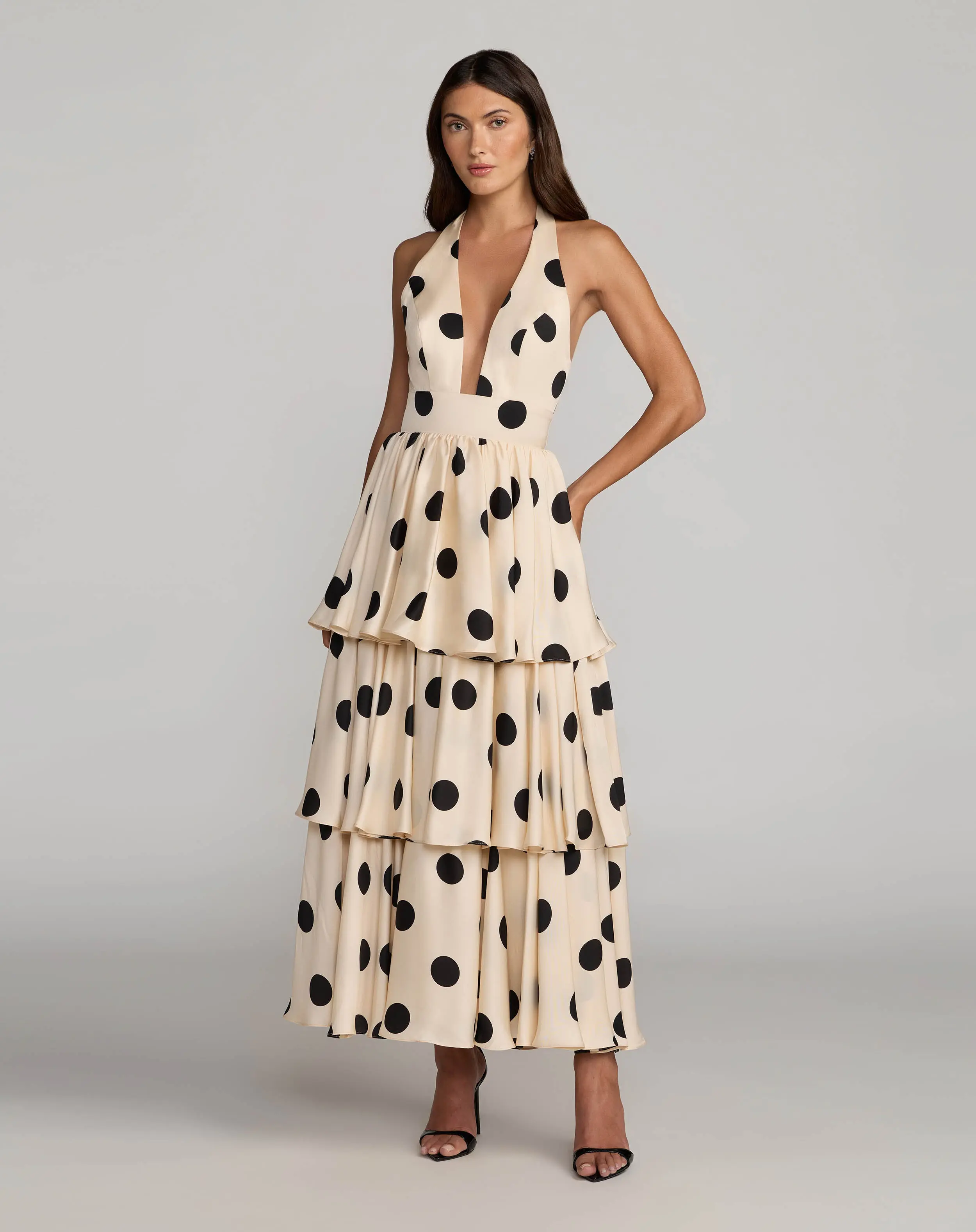 Beige Halter Neck Polka Dot Ruffle Maxi Dress - Special Events Unlimited