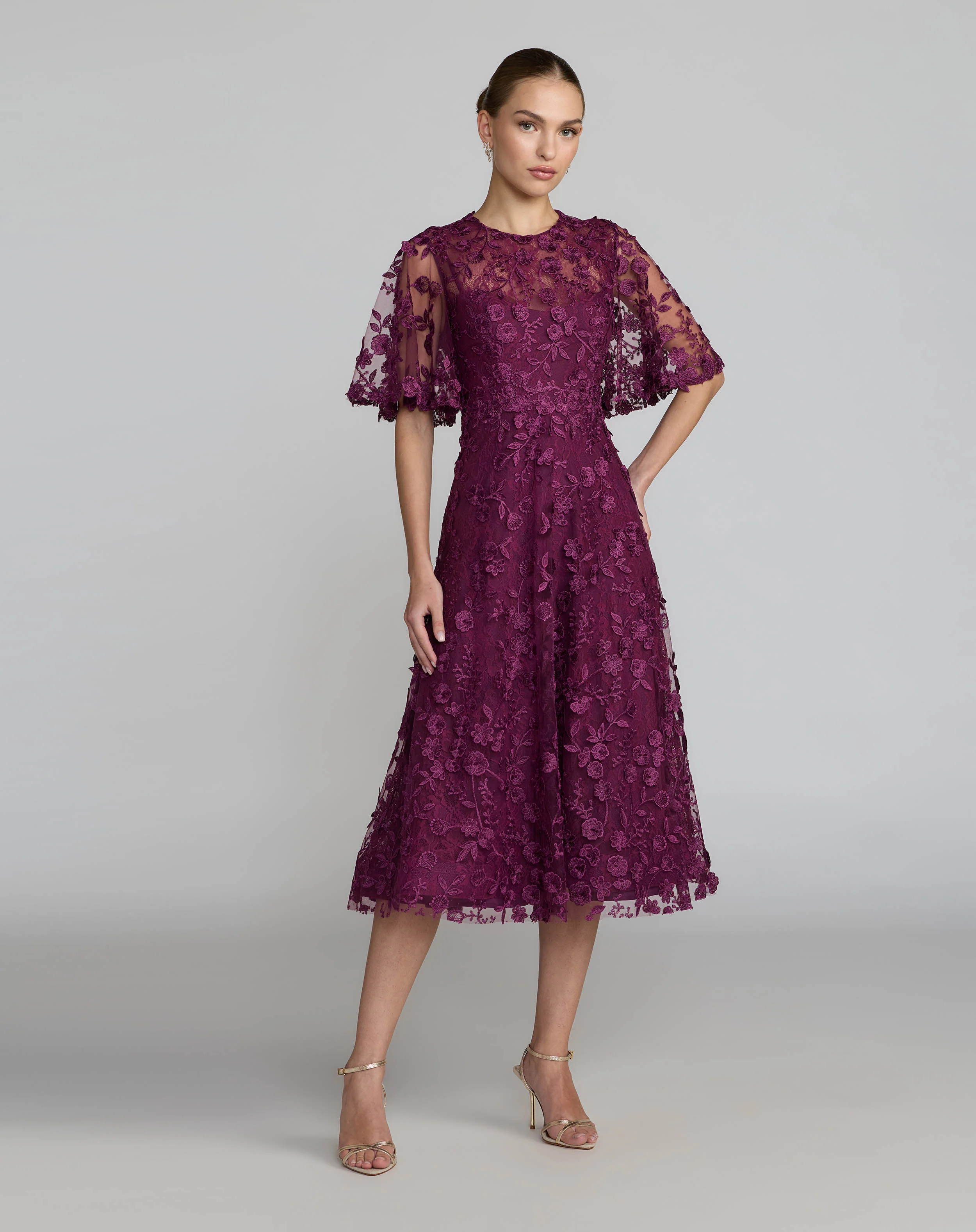 Purple Flutter Sleeve Embroidered Midi Dress - Special Events Unlimited