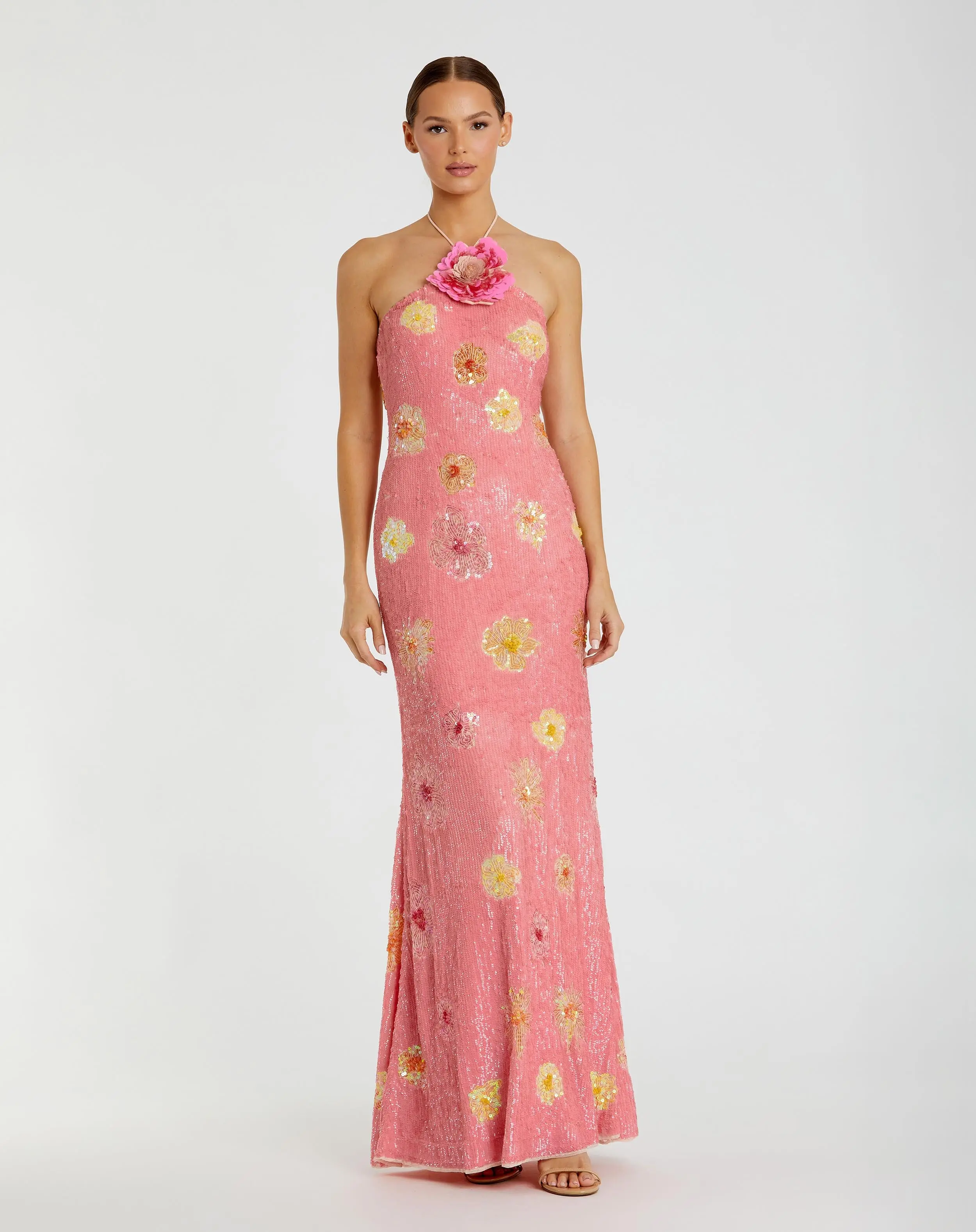Pink Floral Sequin Halter Gown With 3D Flower - Special Events Unlimited