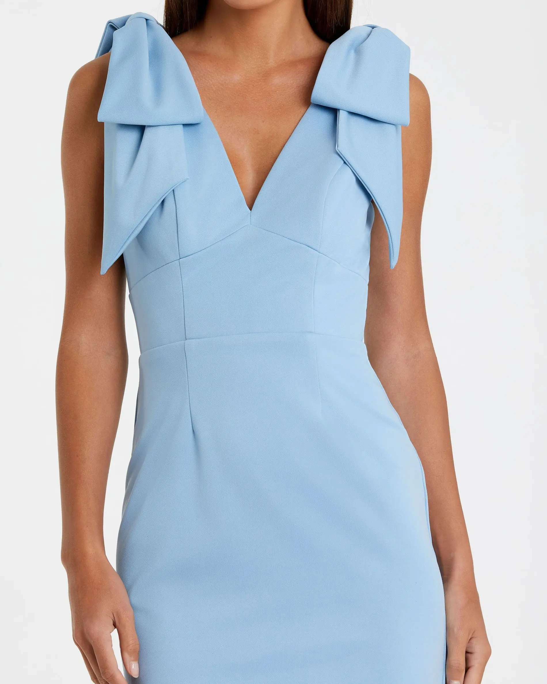 Blue Bow Strap Crepe Fitted Midi Dress - Special Events Unlimited