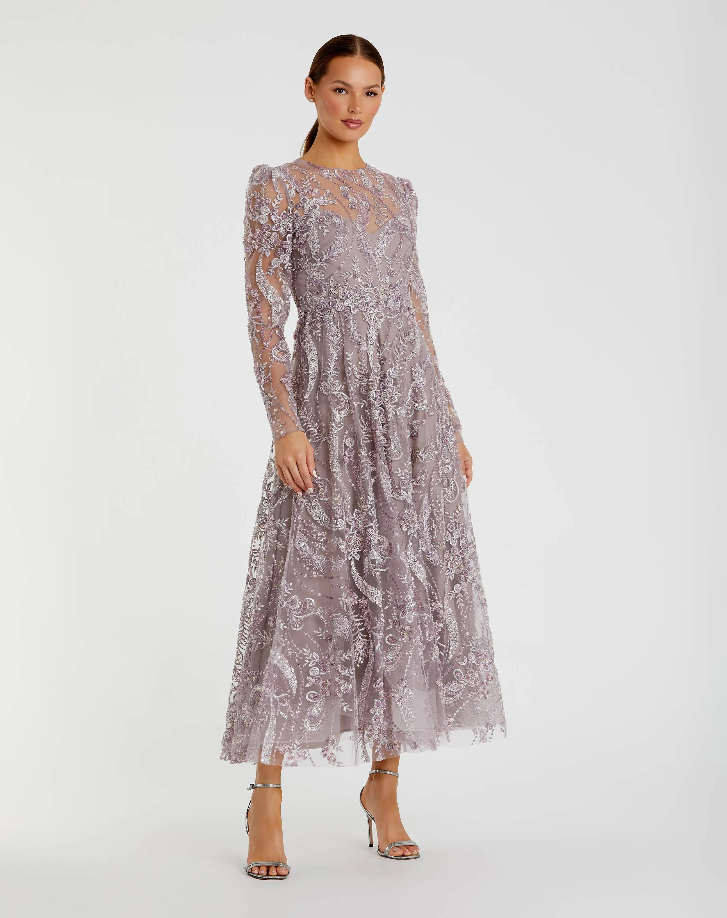 Purple Floral Embroidered High Neck Long Sleeve Dress - Special Events Unlimited