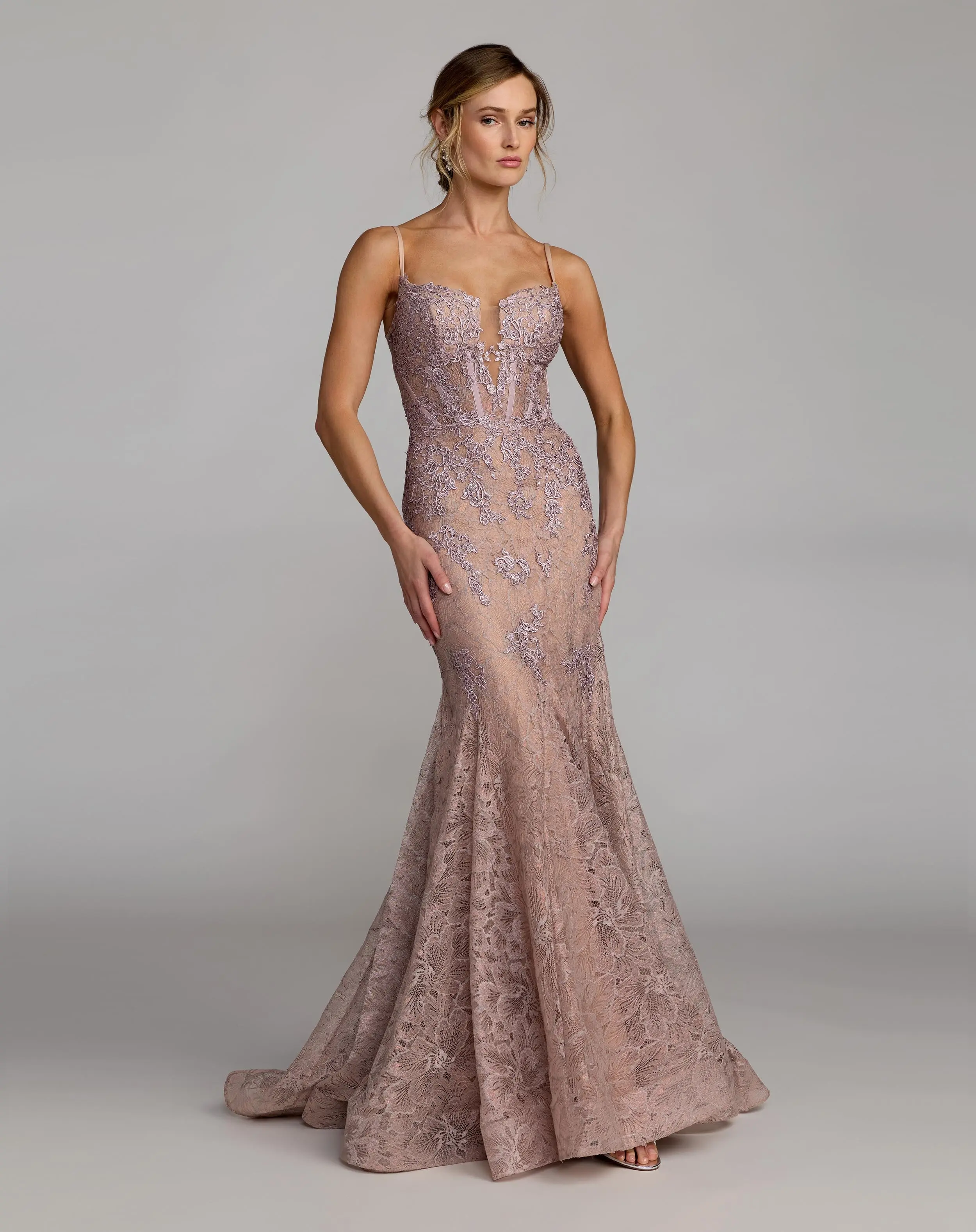 Pink Embroidered Lace Sleeveless Mermaid Gown - Special Events Unlimited