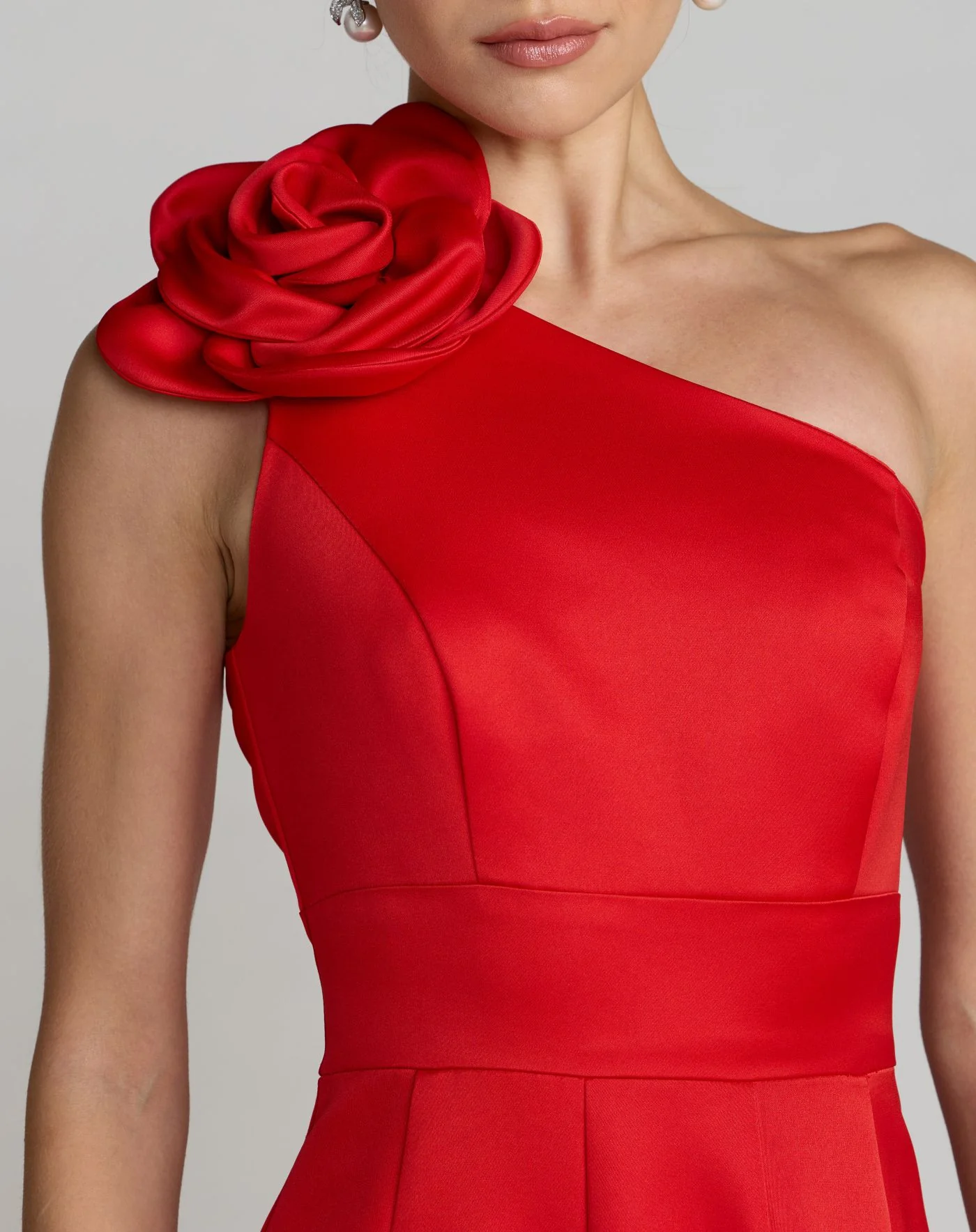 Red One Shoulder Satin Midi Dress With 3D Flower - Special Events Unlimited