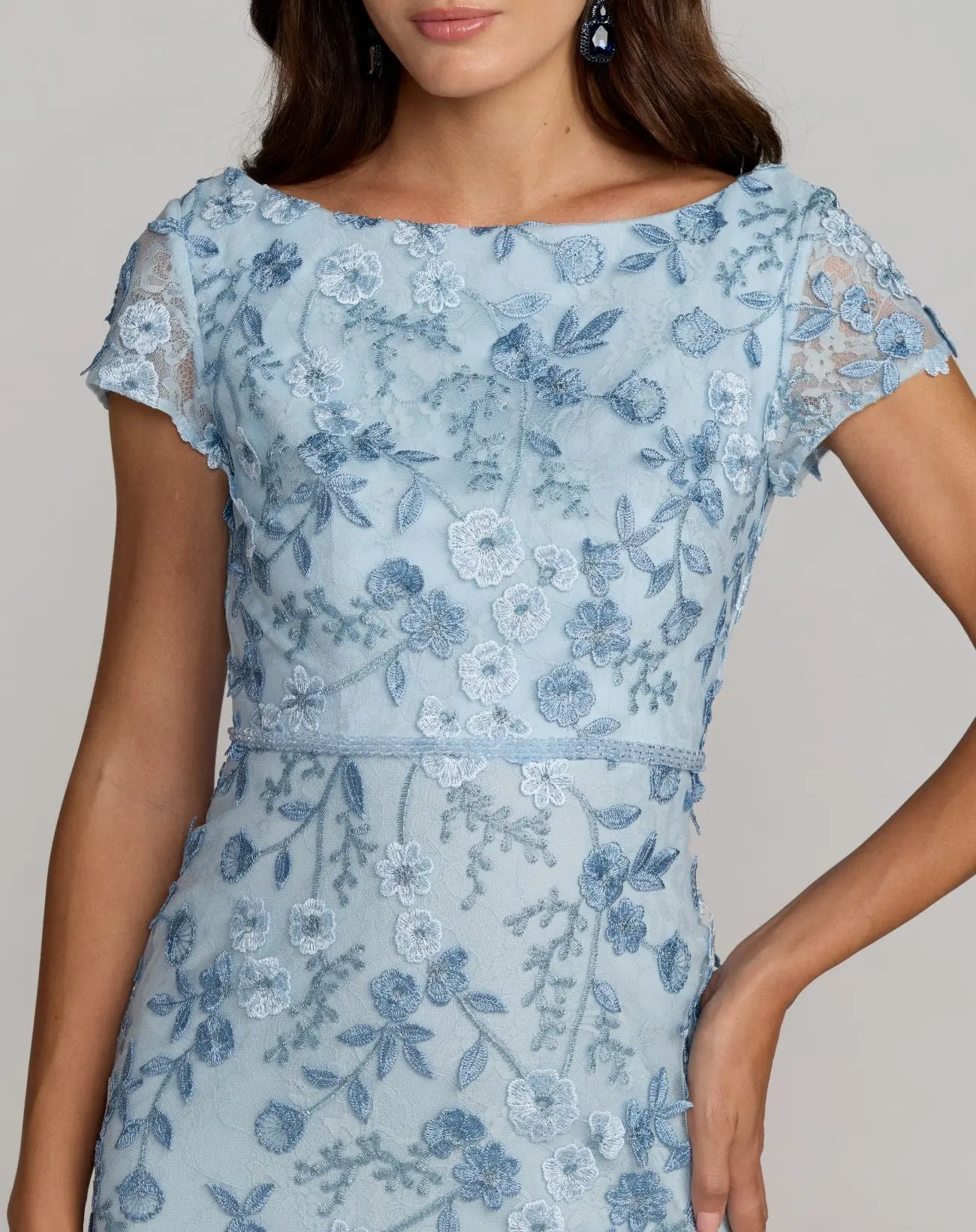 Blue Floral Applique Boat Neck Cap Sleeve Gown - Special Events Unlimited