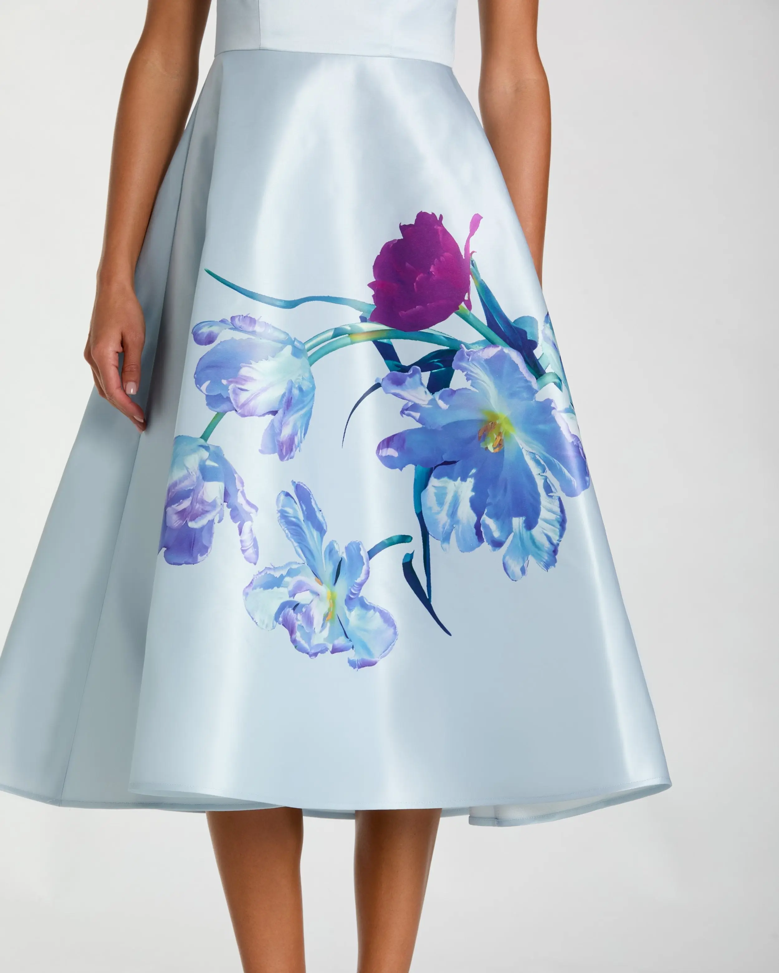 Blue Satin Cap Sleeve Midi Dress With Floral Print - Special Events Unlimited