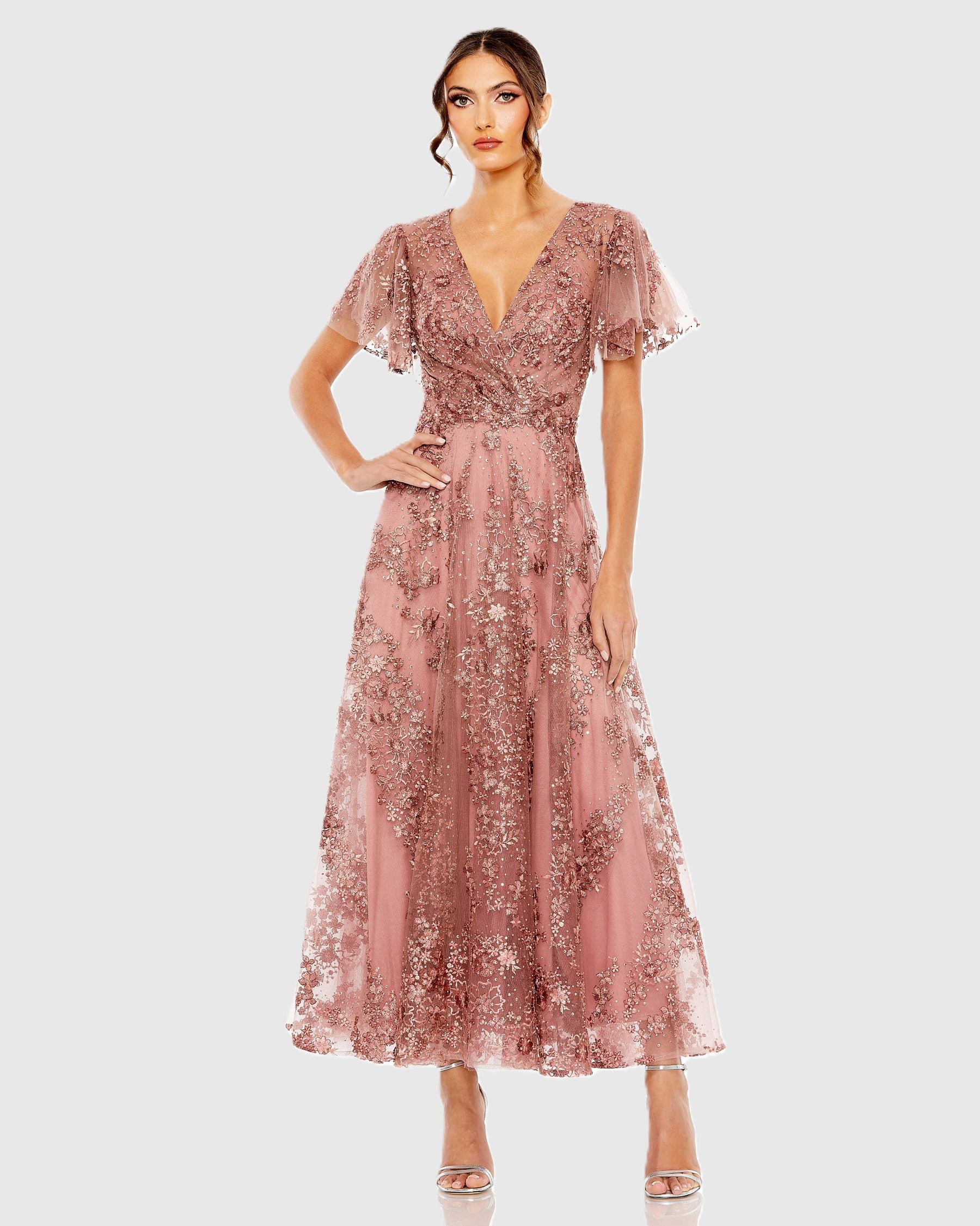 Pink Embroidered Flutter Sleeve A Line Dress - Special Events Unlimited