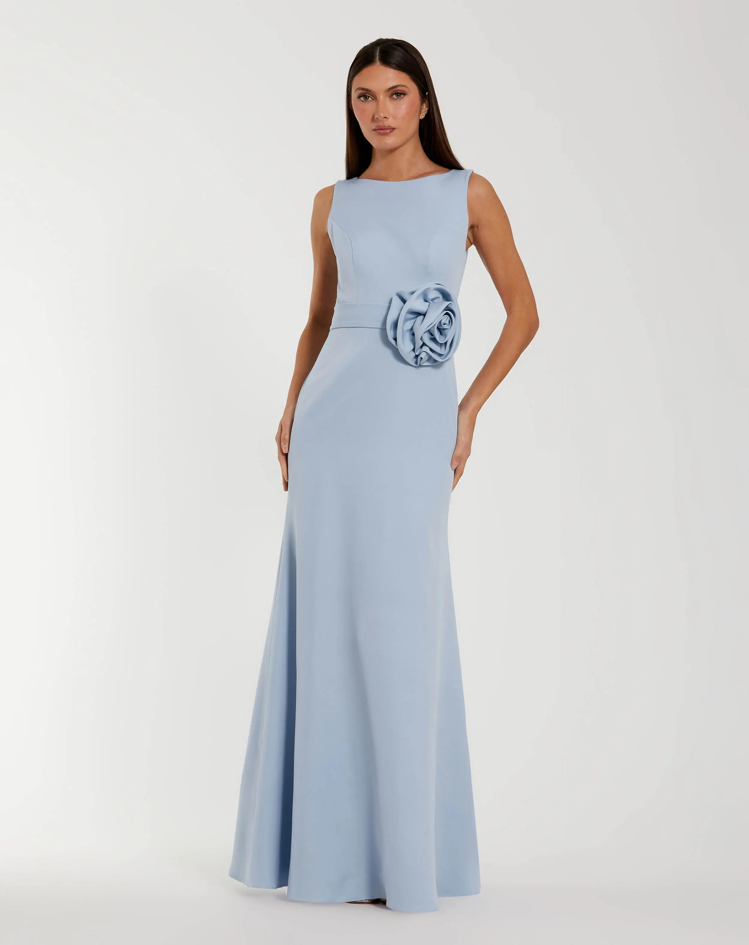 Blue Boat Neck Crepe A Line Gown With Flower - Special Events Unlimited