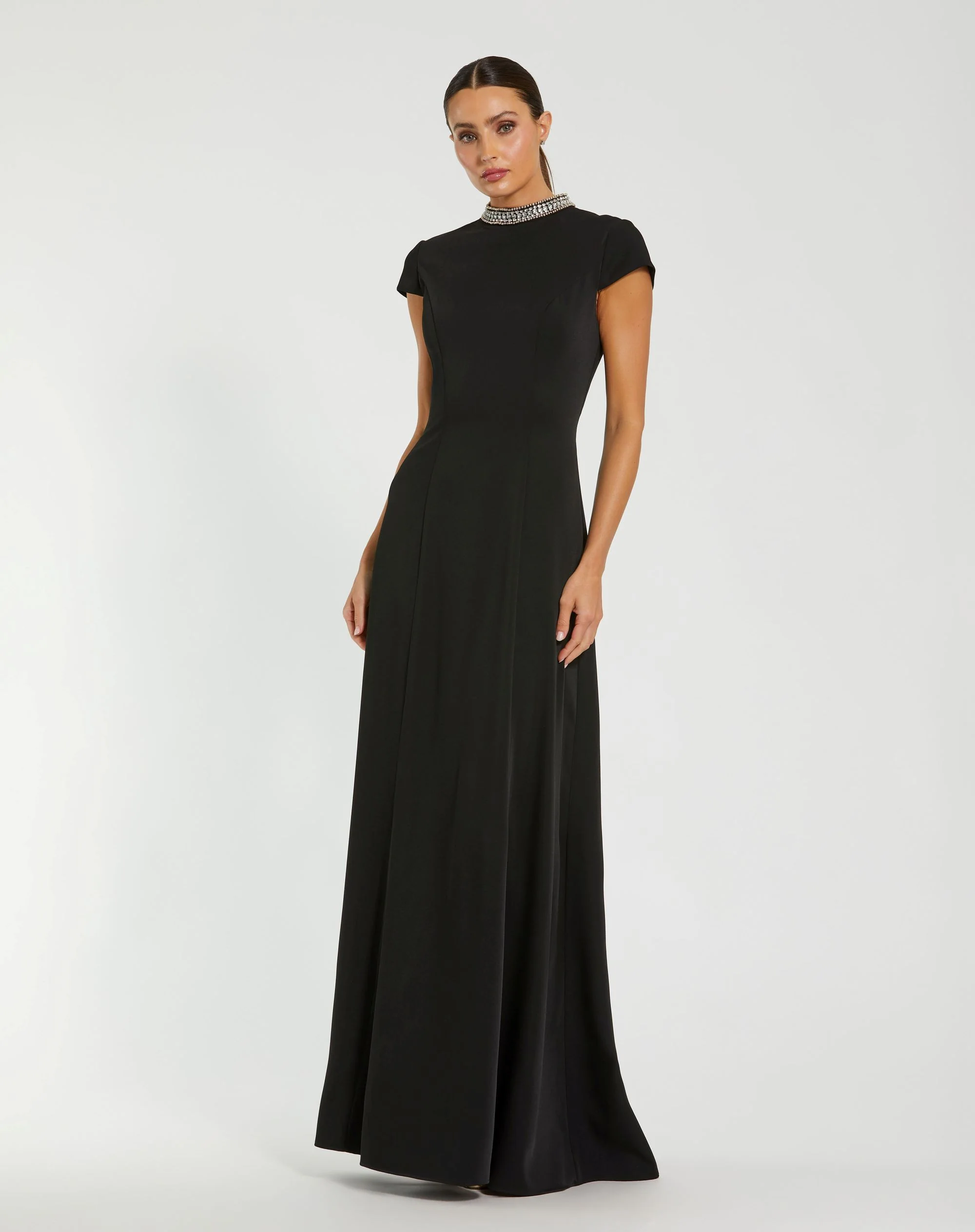 Black Cap Sleeve Gown With Embellished Neckline - Special Events Unlimited