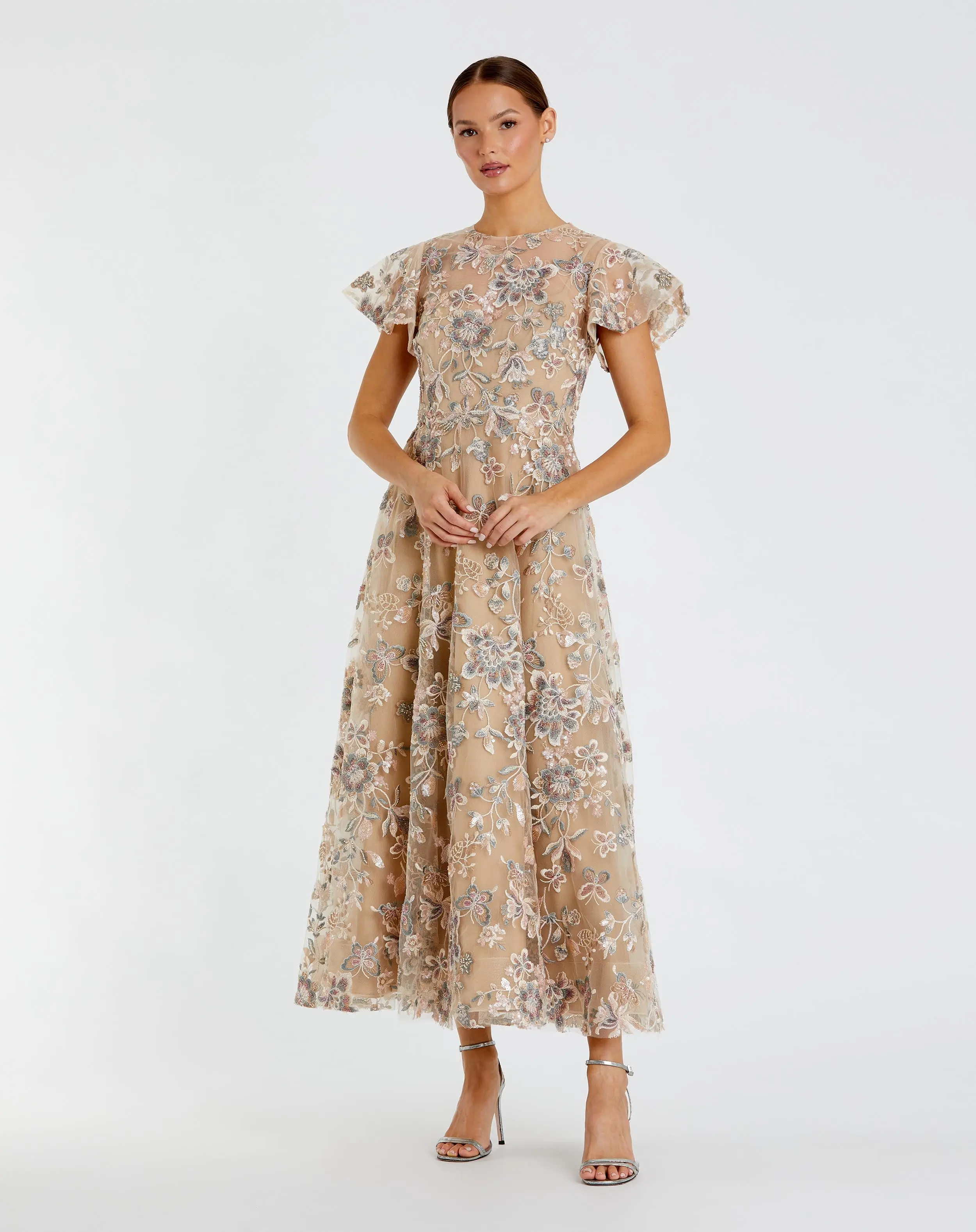 Beige Flutter Sleeve Butterfly Embroidered Maxi Dress - Special Events Unlimited