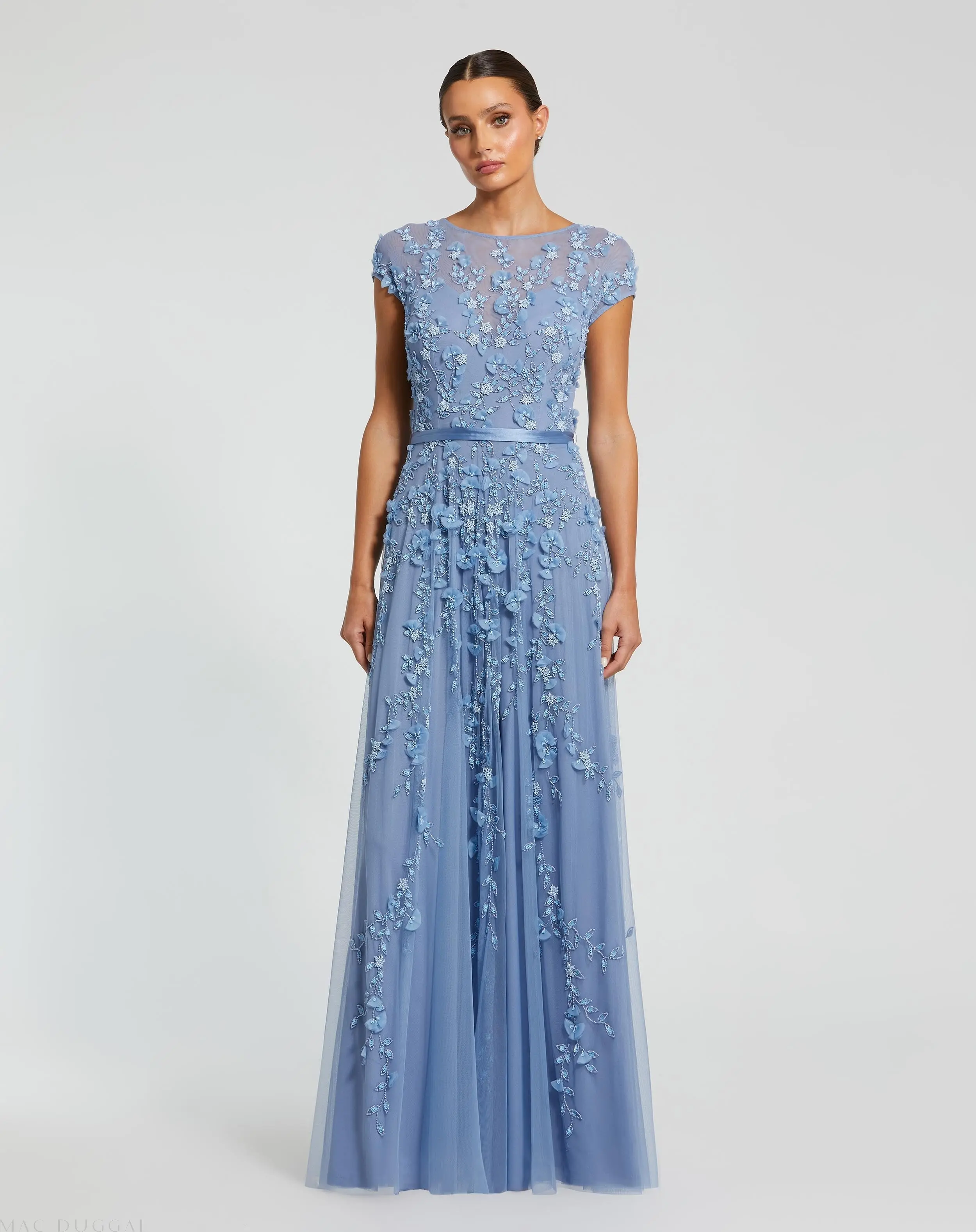 Blue Floral Embellished Cap Sleeve Gown - Special Events Unlimited