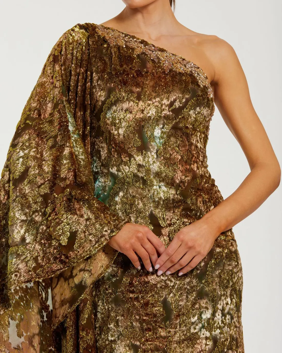 Gold One Shoulder Metallic Burnout Velvet Evening Gown - Special Events Unlimited