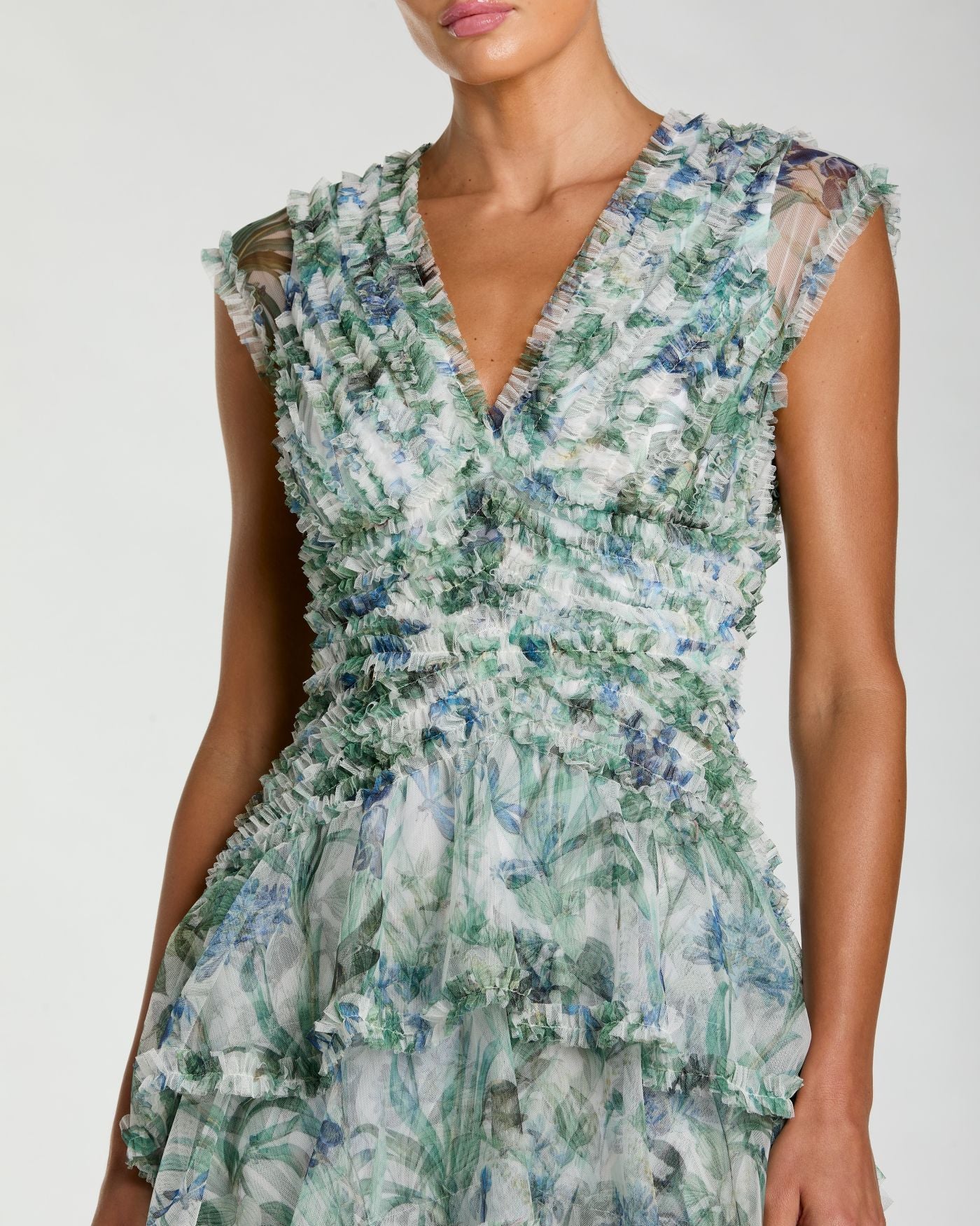 Blue Floral V Neck Tiered Ruffle Maxi Dress - Special Events Unlimited