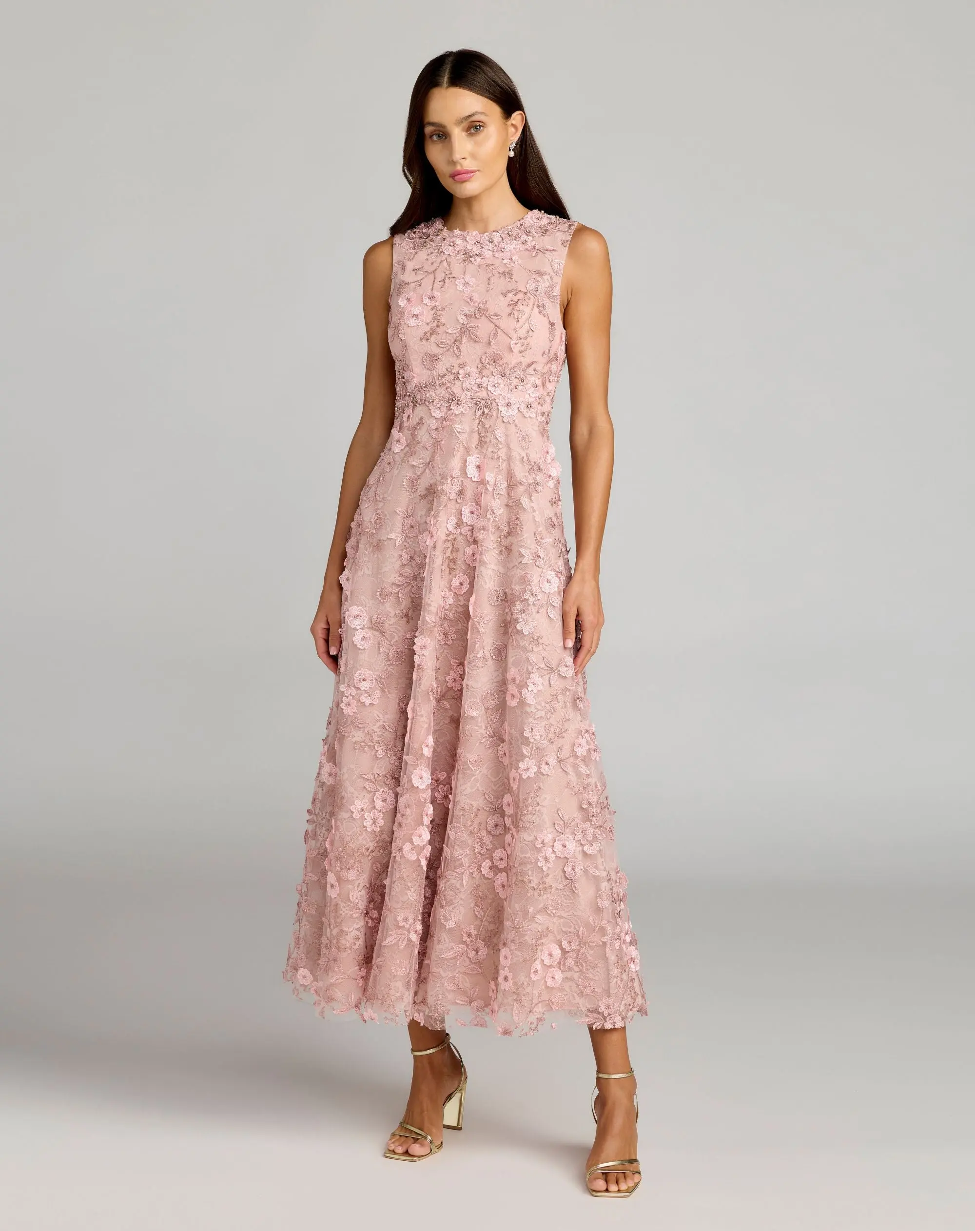 Petite Pink Floral Embroidered High Neck Midi Dress - Special Events Unlimited