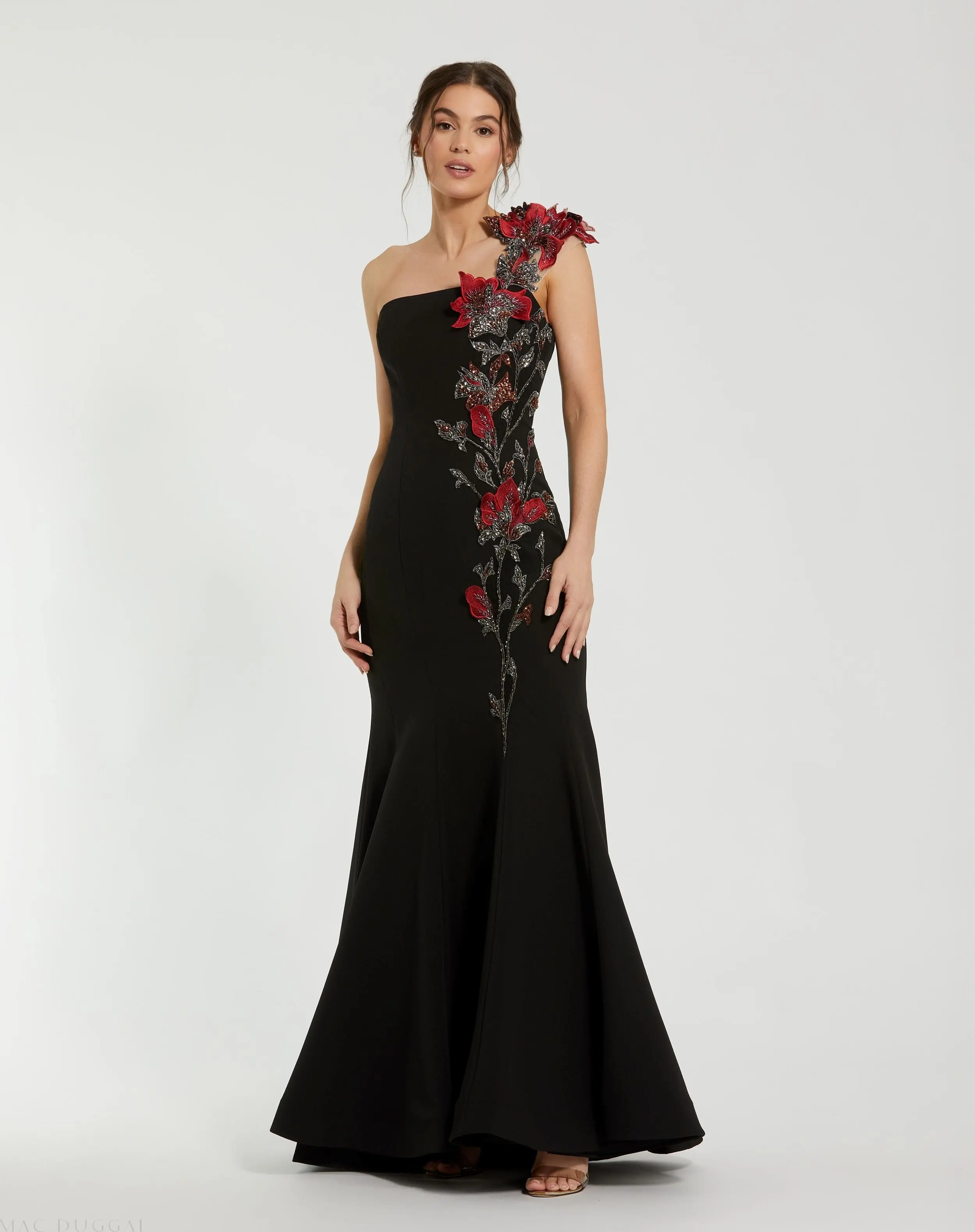 Black One Shoulder Embroidered Mermaid Gown - Special Events Unlimited