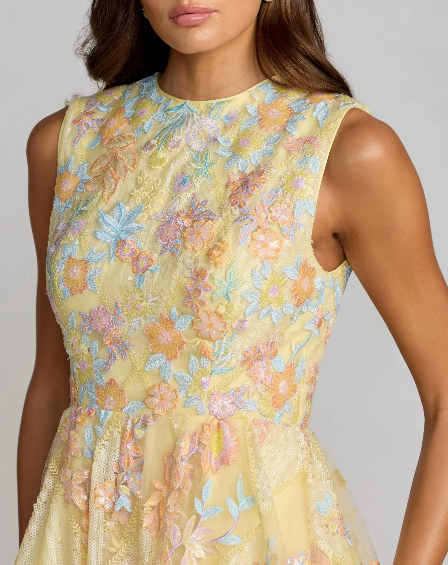 Yellow Sleeveless Embroidered A-Line Midi Dress - Special Events Unlimited