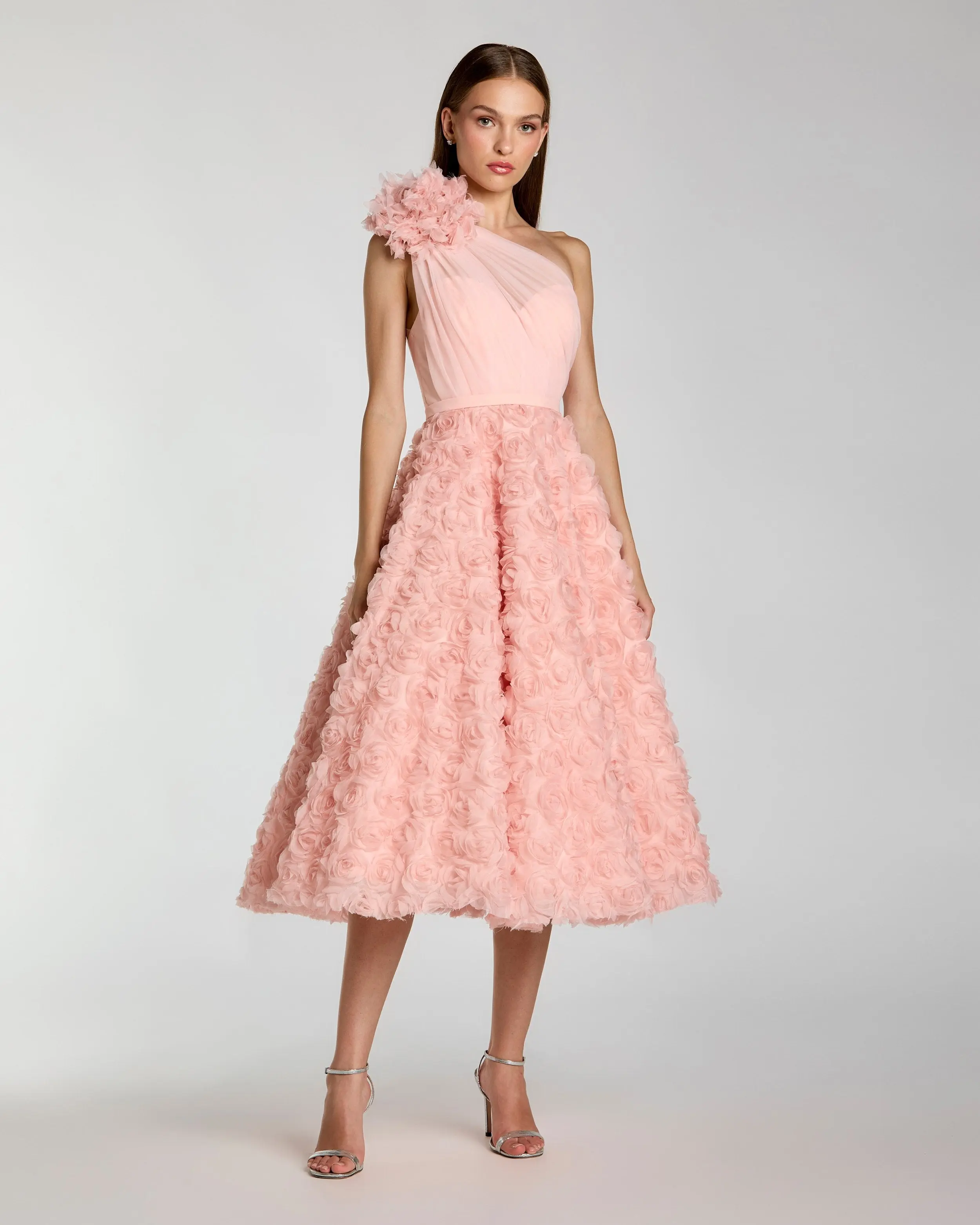 Blush One Shoulder Rosette Midi Dress - Special Events Unlimited
