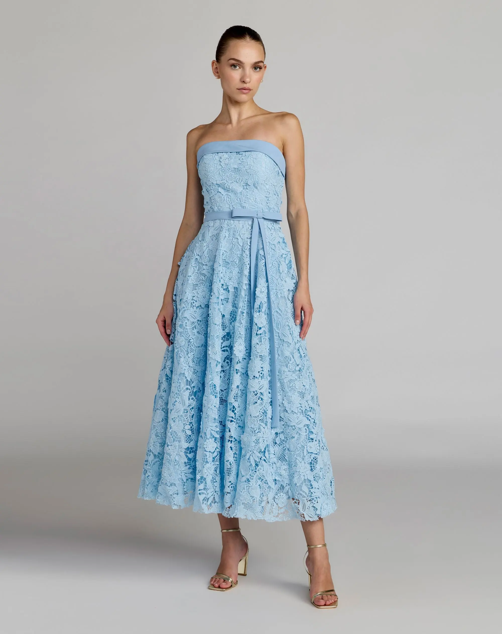 Blue Embroidered Lace Strapless Midi Dress With Bow Detail - Special Events Unlimited