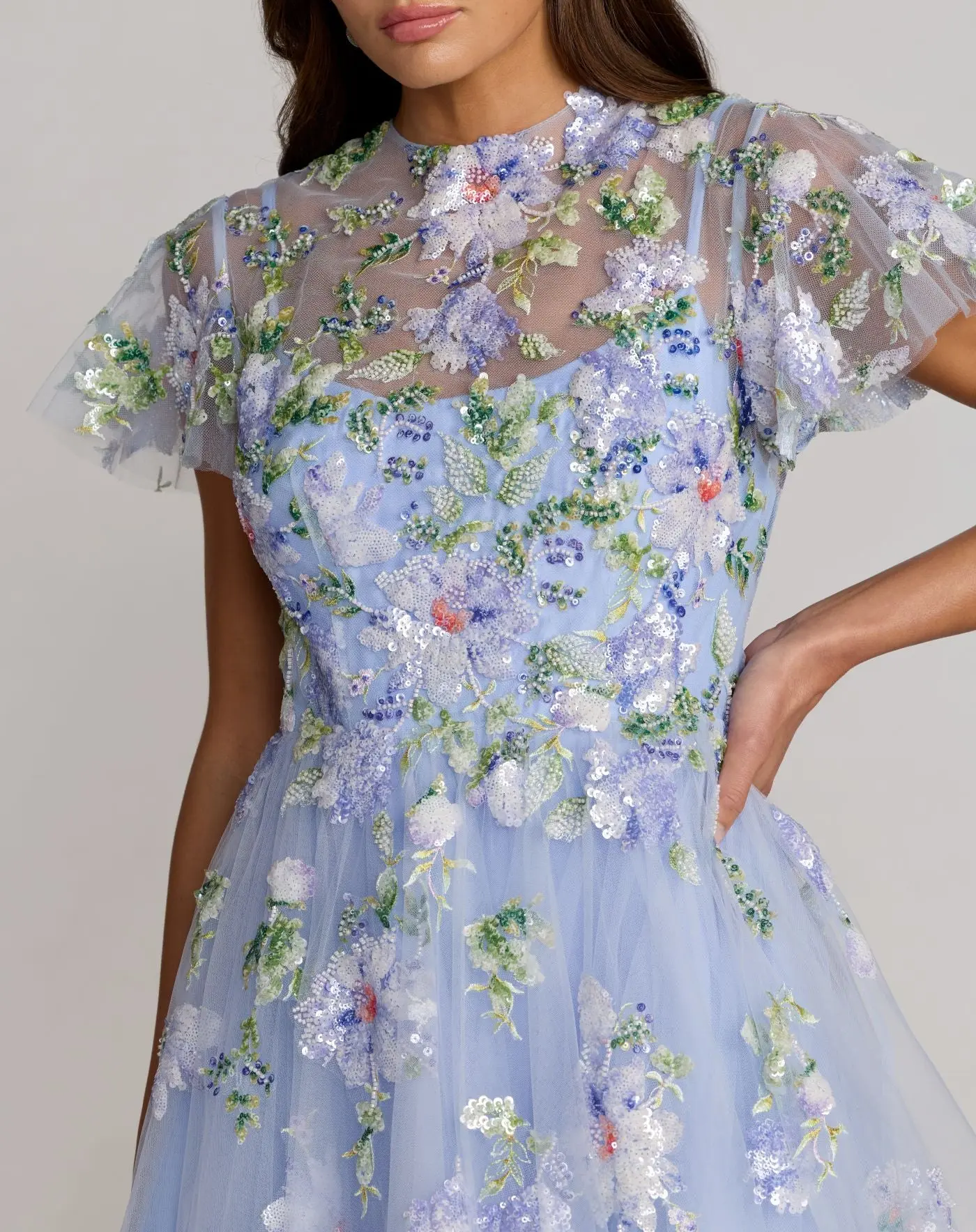 Blue Flutter Sleeve Embroidered A-Line Midi Dress - Special Events Unlimited