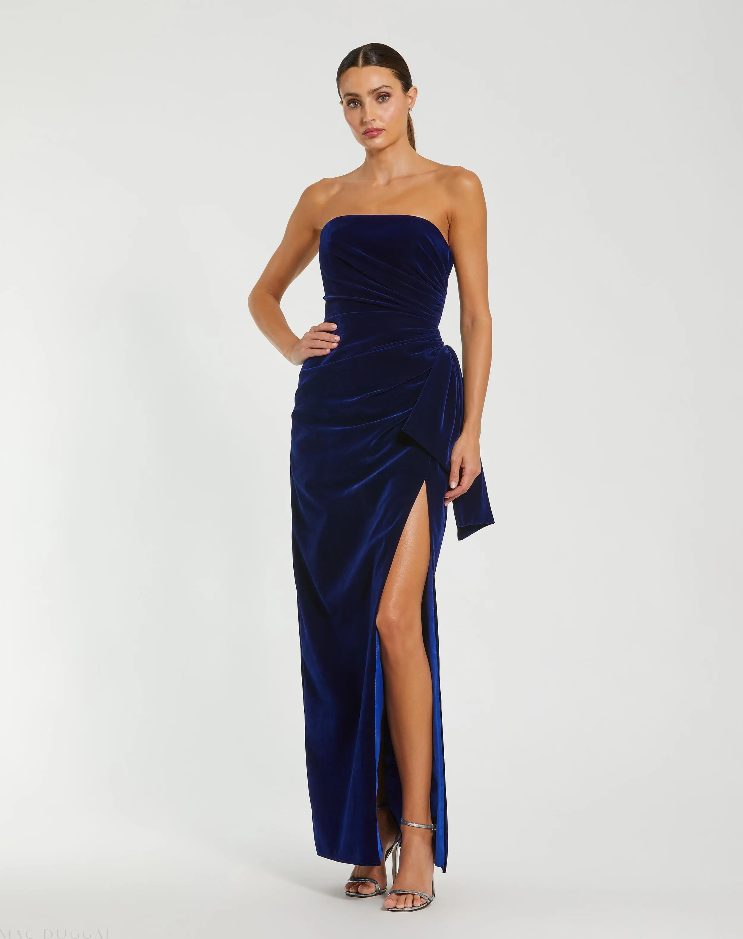 Blue Strapless High Slit Draped Velvet Gown - Special Events Unlimited